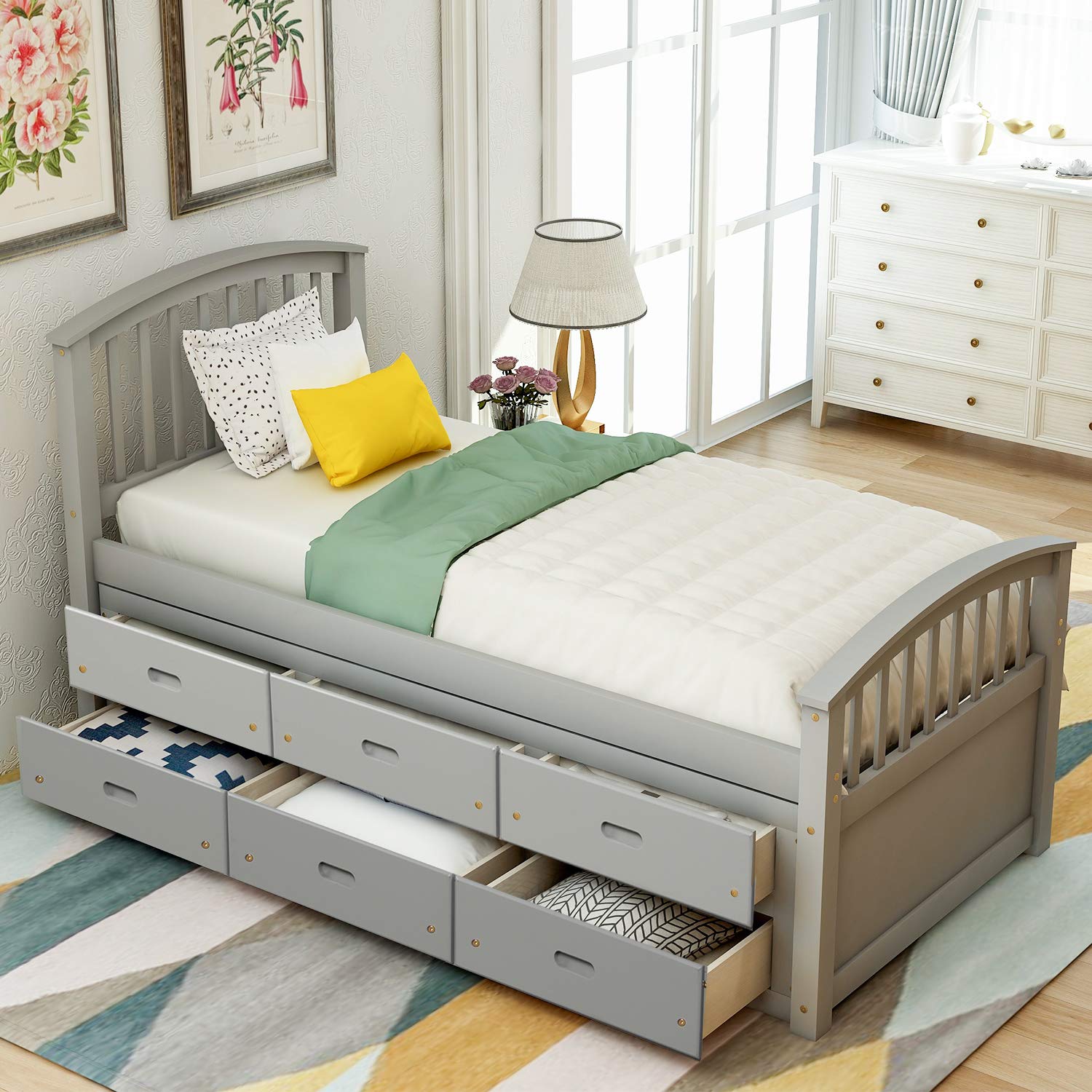 JULYFOX Gray Twin Size Storage Bed Frame with 6 Drawers - Solid Pine Wood Platform Bed with Slatted Headboard & Footboard, Heavy Duty Captain's Bed for Small Spaces | No Box Spring Needed | Perfect for Apartments, Dorms & Guest Rooms