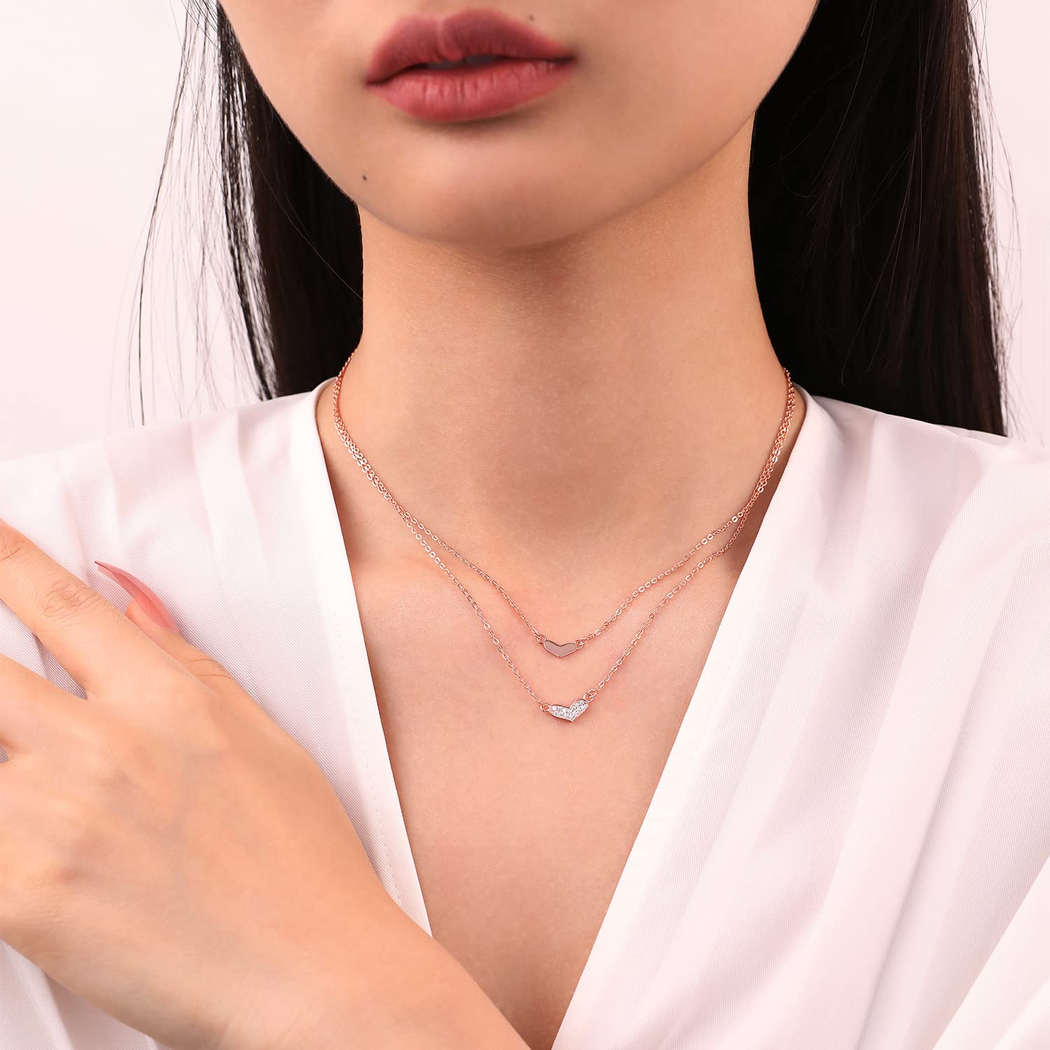 Meissa Double Layered 925 Sterling Silver Heart Pendant Necklace for Women - Rose Gold Plated Stackable Layering Necklace Jewelry Gift for Mom, Wife, Girlfriend | Valentine's Day, Mother's Day, Anniversary Gift Idea | Perfect for Everyday Wear, Date Night & Special Occasions