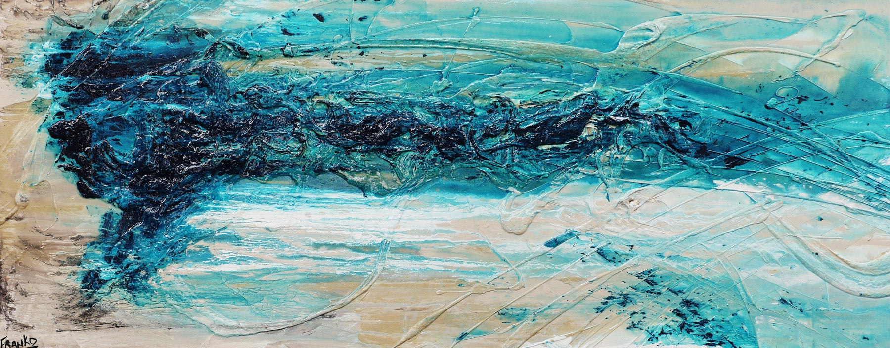 200cm x 80cm Turquoise White Textured Abstract Ocean Painting - Coastal Wall Art for Living Room, Bedroom & Office Decor