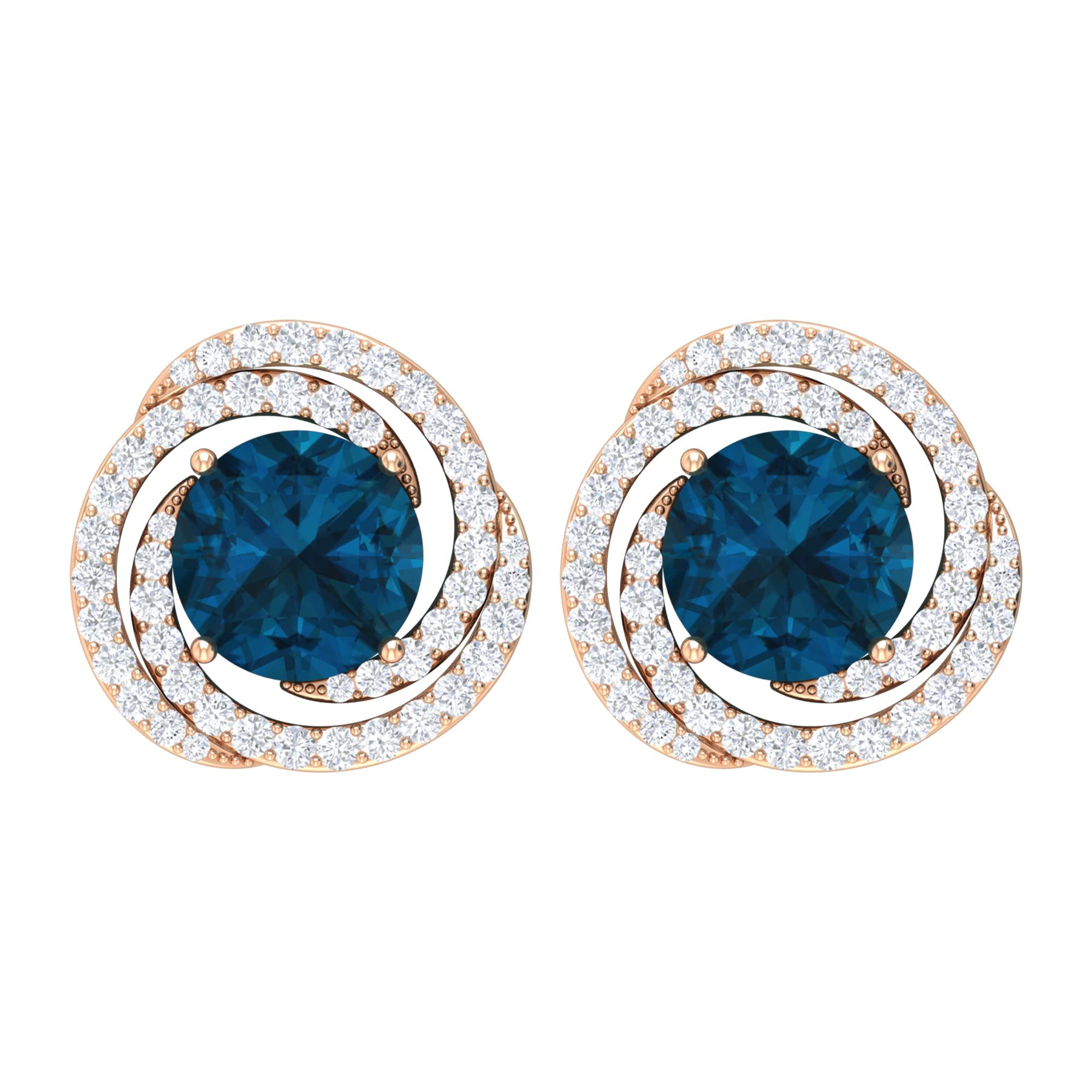 2.25 CT London Blue Topaz & Diamond Stud Earrings in 14K Solid Gold | 6mm December Birthstone Jewelry | Elegant Swirl Design for Women | Perfect Gift for Anniversary, Birthday & Special Occasions