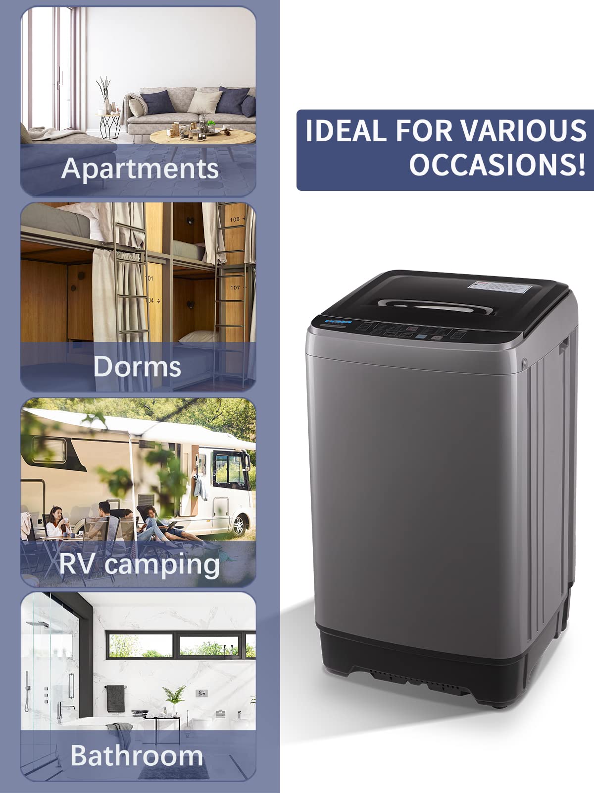 Full-Automatic Compact Washing Machine with Drain Pump - 17.7 lbs Capacity, 10 Wash Programs & 8 Water Levels - Perfect for Apartments, Dorms, RVs, Camping & Small Spaces - Energy Efficient Portable Washer (Grey)