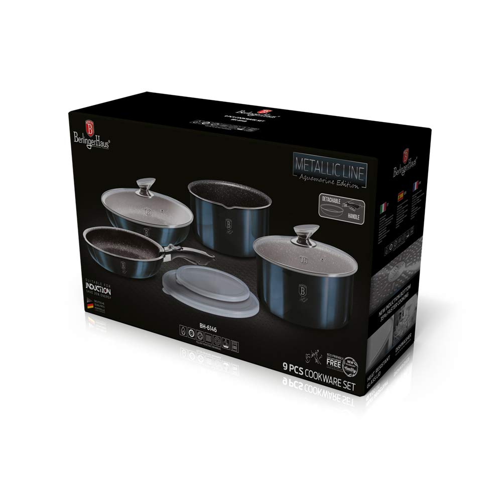 Berlinger Haus 9-Piece Nonstick Cookware Set with Detachable Ergonomic Handles & Glass Lids - Pots and Pans for Everyday Cooking, Frying, Boiling & Sauteing - Perfect for Home Chefs & Professional Kitchens