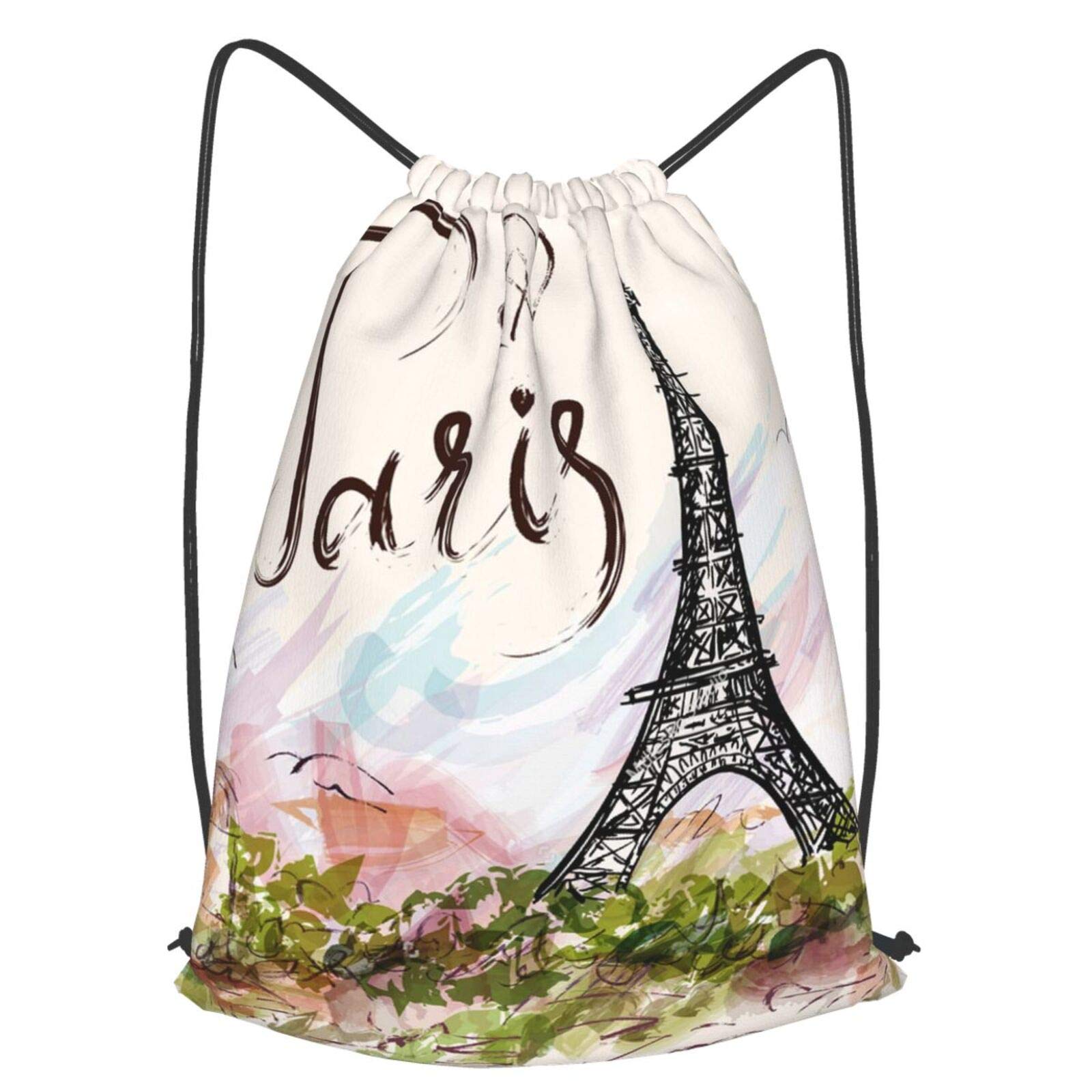 Paris Eiffel Tower Drawstring Backpack - Large Waterproof Gym Sack with Zipper Pockets for Men & Women - Perfect for Sports, Travel, Shopping & Outdoor Activities