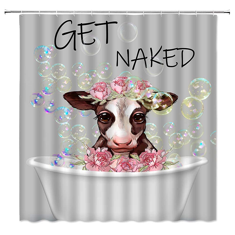 Funny Cow Shower Curtain with Pink Flowers - Rustic Vintage Farmhouse Bathroom Decor with Hooks - Grey Blush Animal Print for Wildlife Lovers - Perfect for Farmhouse, Cottage or Country Style Bathrooms