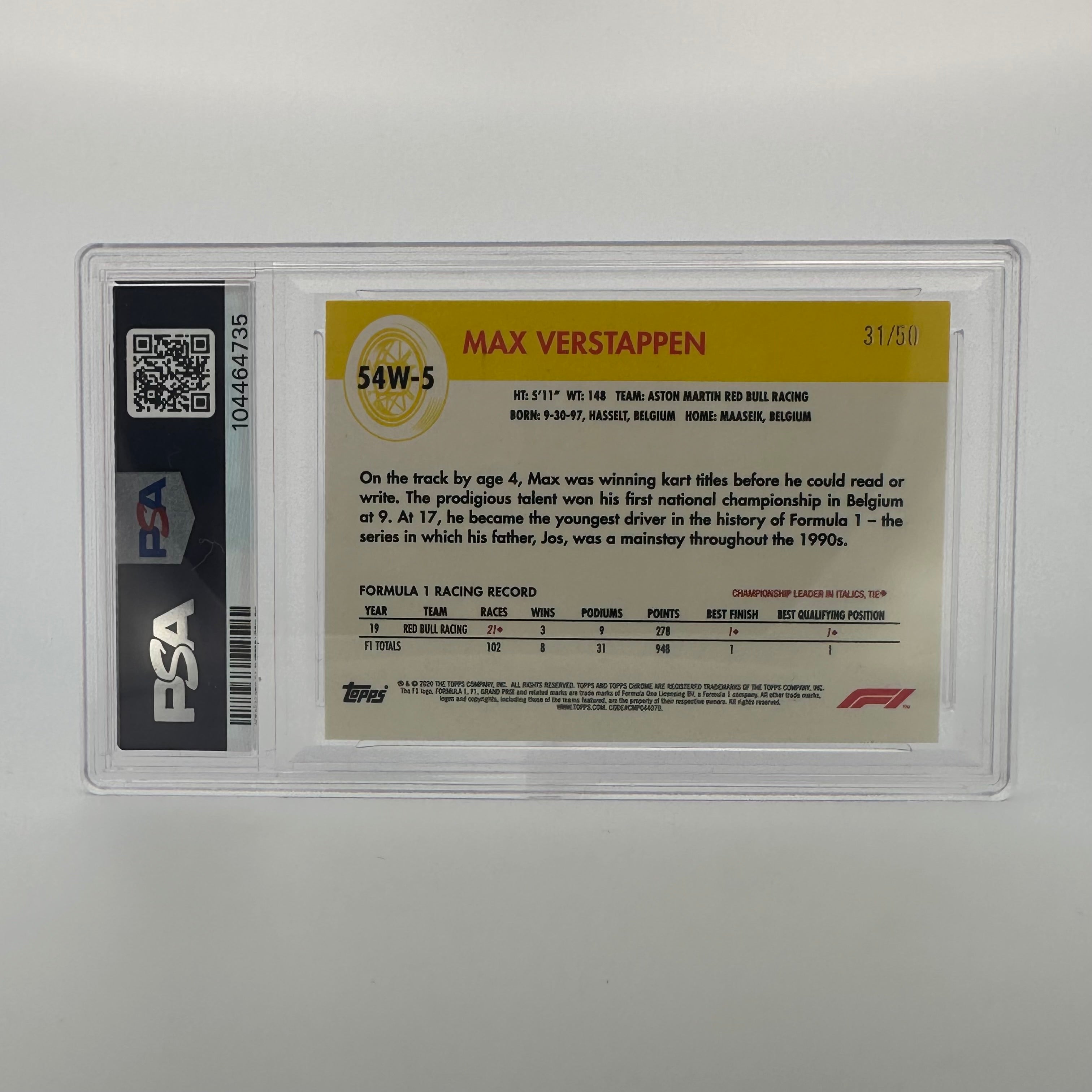 2020 Topps Chrome F1 PSA 6 Max Verstappen #54W 5 Gold Parallel 31/50 - Rare Racing Collectible for F1 Fans & Sports Card Investors