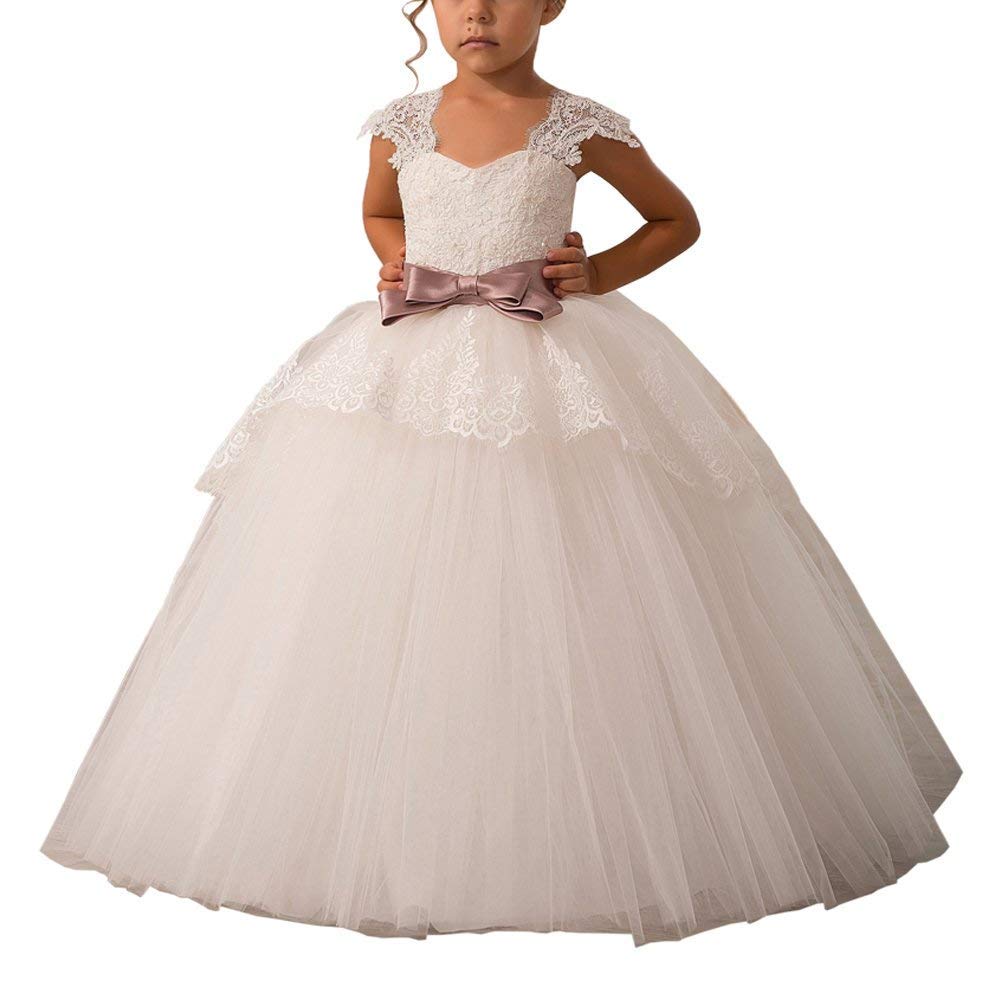 Elegant Lace Appliques Cap Sleeve Ball Gown Tulle Flower Girl Dresses for Wedding - Perfect for Bridal Party, Flower Girls & Special Occasions