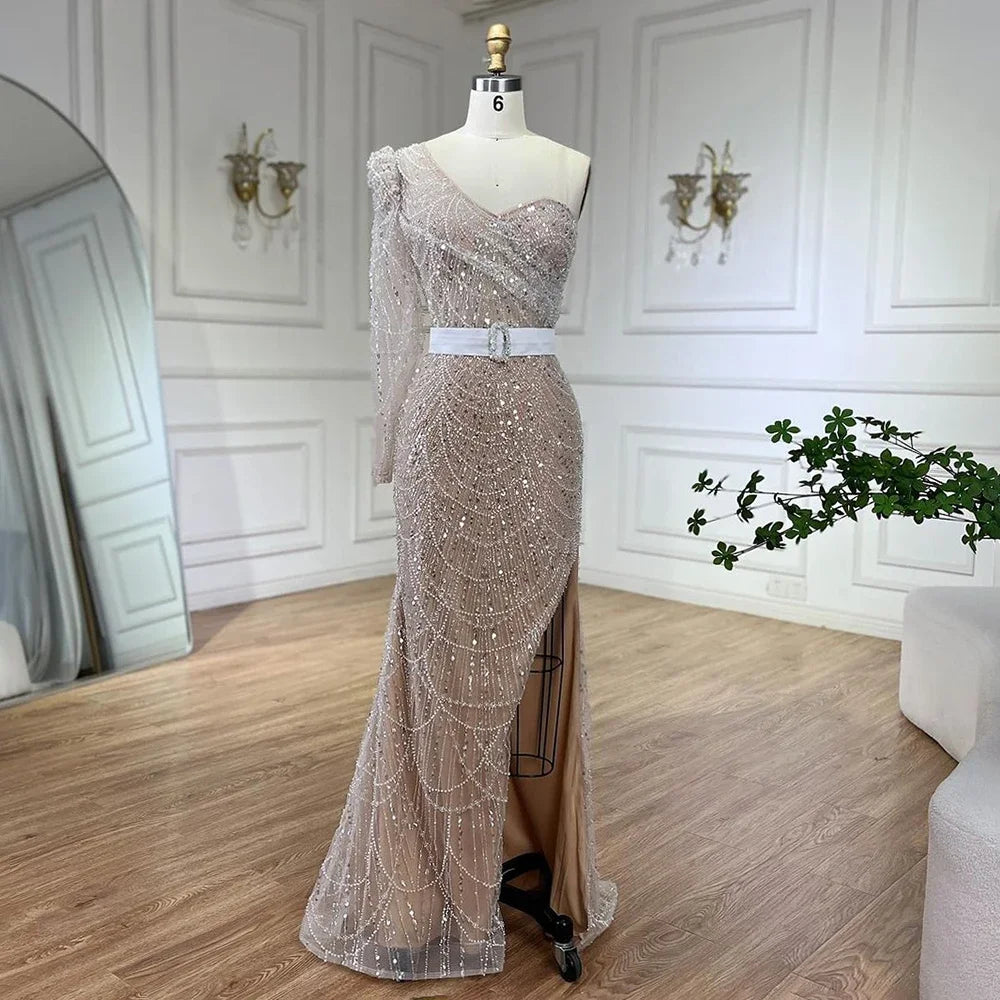 Elegant White One Shoulder Mermaid Evening Gown with Beaded Details - Luxury Formal Dress for Women - Perfect for Weddings, Galas & Special Occasions