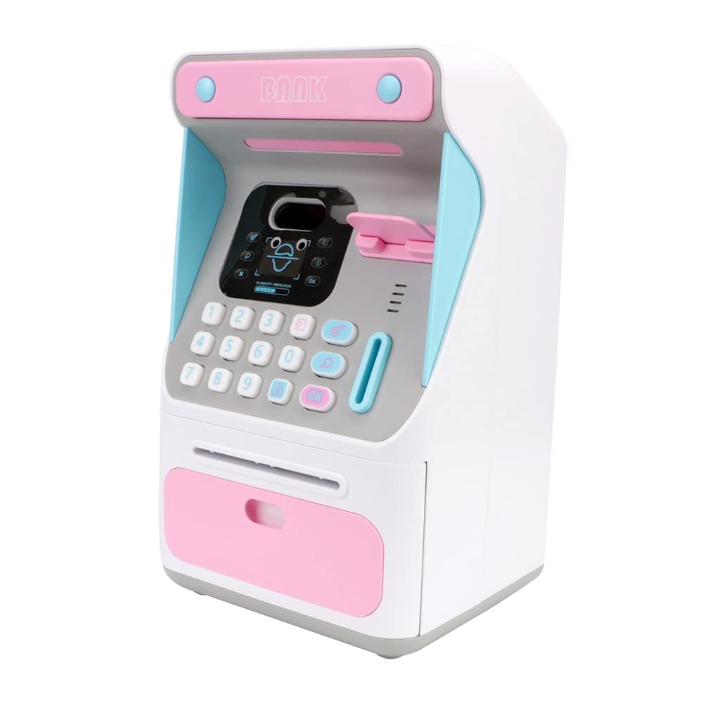 XIAOSAKU Electronic Piggy Bank with Auto Scroll & ATM Simulation - Money Saving Box for Kids with Face Recognition, Coin & Bill Storage - Perfect Gift for Birthdays & Financial Education (Pink)