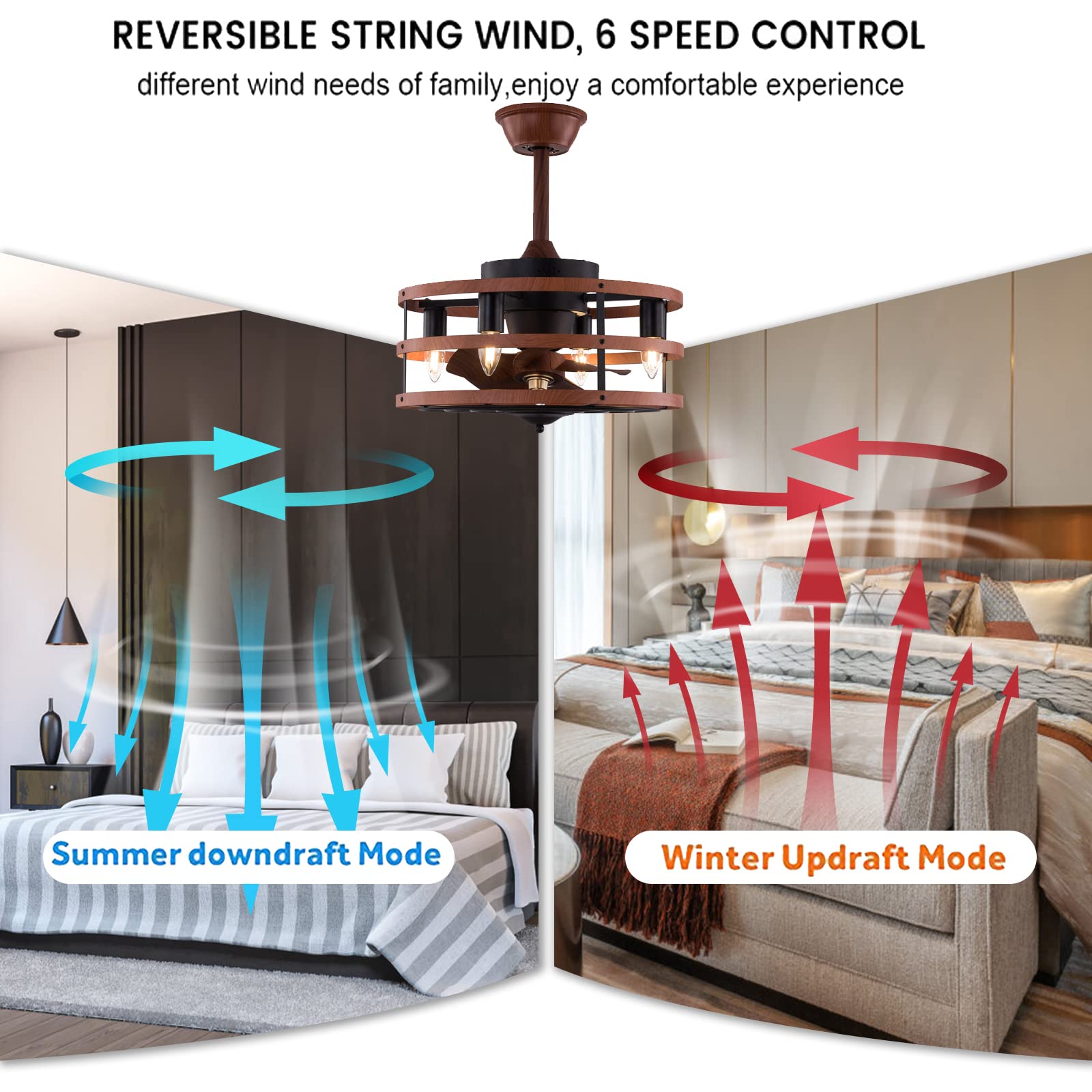 18 Inch Rustic Farmhouse Ceiling Fan with Lights & Remote Control - Wooden Rings Framed Modern Design for Small Bedroom (Down Rod Mount, Brown) | Perfect for Home, Office, and Indoor Spaces