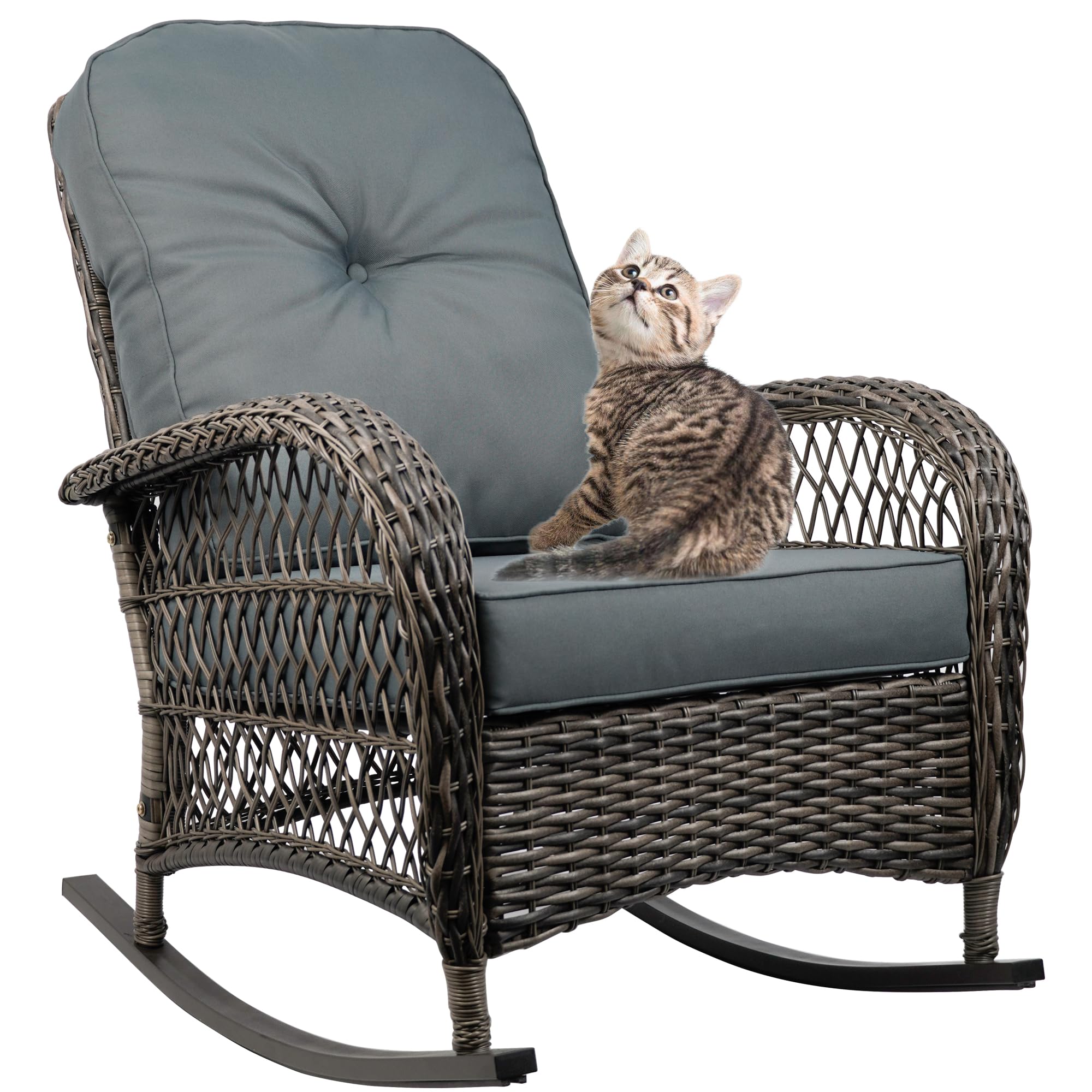 All-Weather Resin Wicker Rocking Chair - Outdoor Patio Garden Furniture for Backyard, Porch & Lawn - Durable Grey Rattan Rocking Chair - Perfect for Relaxing, Sunbathing & Reading Al Fresco