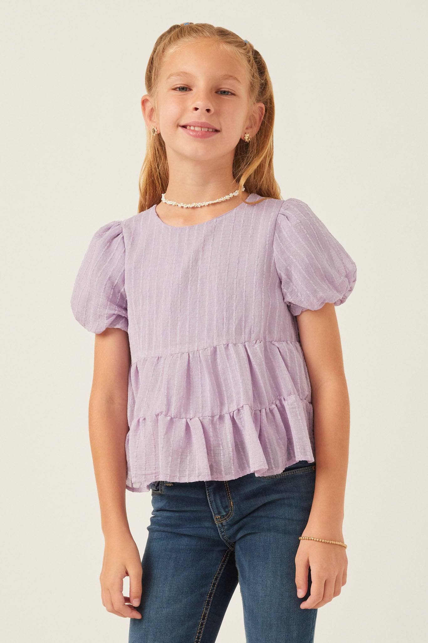 Textured Stripe Puff Sleeve Tiered Blouse - Women's Fashion Tunic Top for Casual Wear, Date Night & Office Outfits
