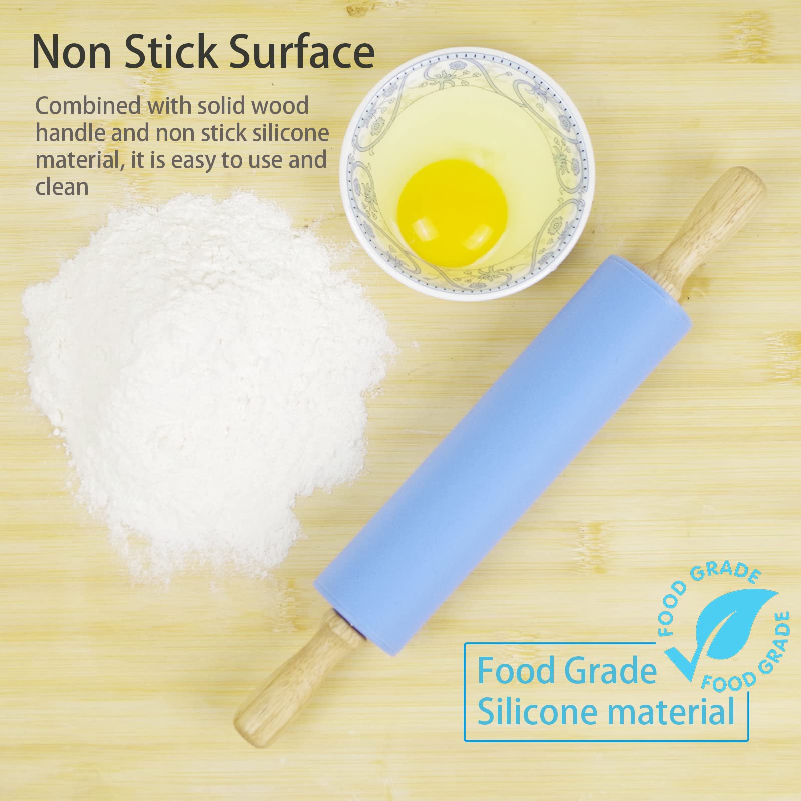 Non-Stick Silicone Rolling Pin with Wooden Handle for Baking, Pastry, Dough - Perfect for Cookies, Pies & Homemade Pasta - Essential Kitchen Baking Accessory