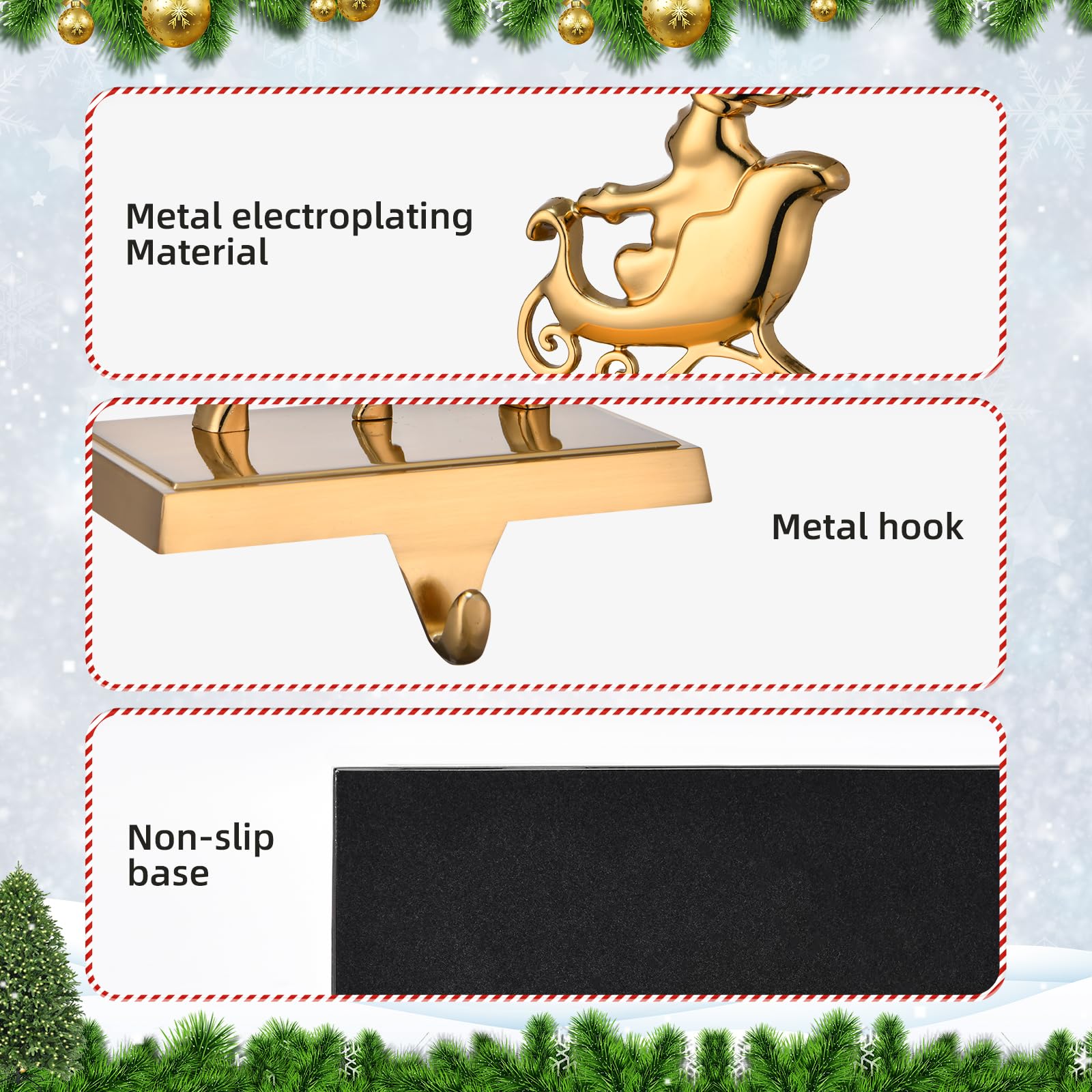 Reindeer Christmas Stocking Hangers for Mantel - Set of 4 Antique Gold Fireplace Stocking Holders, Xmas Mantel Hooks for Hanging Stockings & Ornaments - Perfect for Holiday Decor & Festive Fireplace Displays