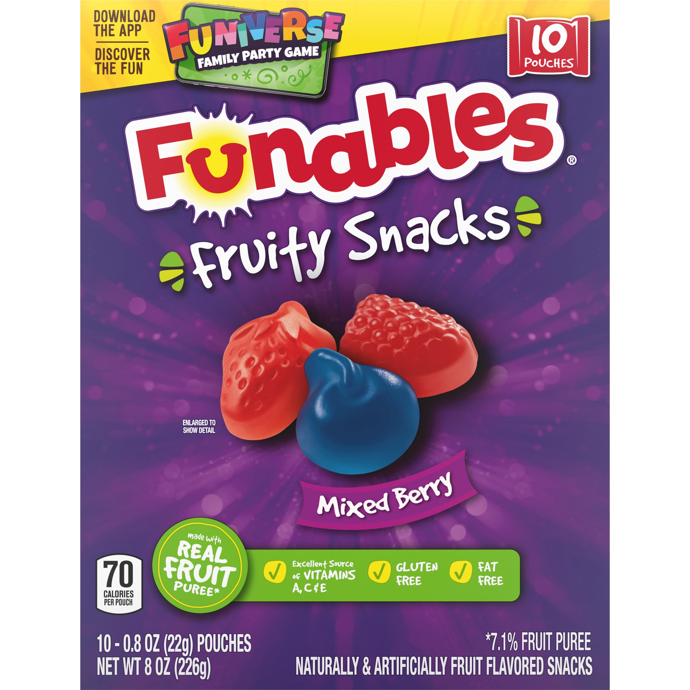 Funables Mixed Berry Fruit Snacks - 0.8oz Pouches (Pack of 10) | Gluten Free Kids Snacks for Lunch Boxes, School, Travel & On-the-Go Healthy Treats