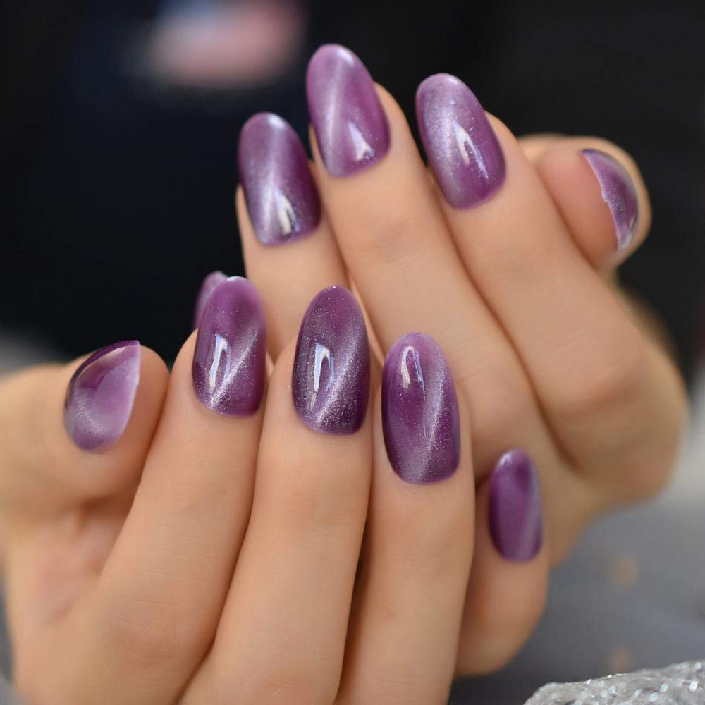 CSCH Sweet Purple Oval Acrylic False Nails - Cat Eye Gel Full Cover Nail Tips for Women, Medium Length Artificial Nails for Daily Wear & Special Occasions
