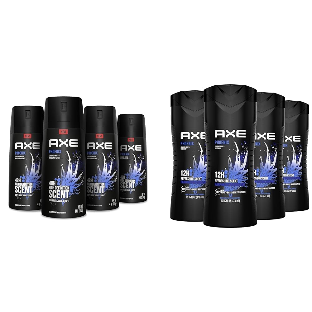 AXE Body Spray Deodorant for Men - Long Lasting 12 Hour Odor Protection, Phoenix Scent with Crushed Mint & Rosemary - 4 Pack Body Wash & Deodorant Set for Gym, Work & Everyday Freshness