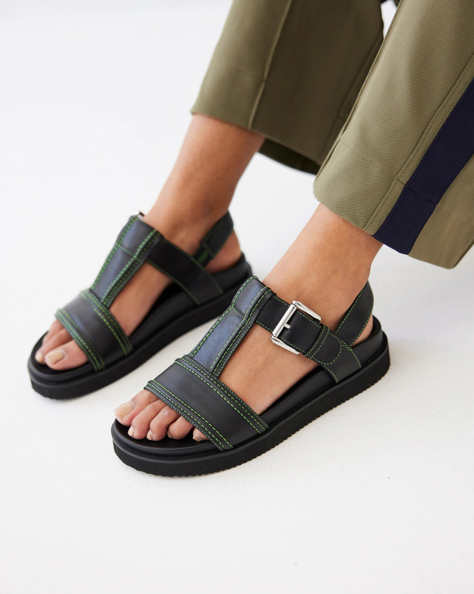 Visby T Bar Sandal - Black Leather Women's Sandals with Green Topstitch | Comfortable Summer Casual Shoes for Walking, Beach & Outdoor Activities