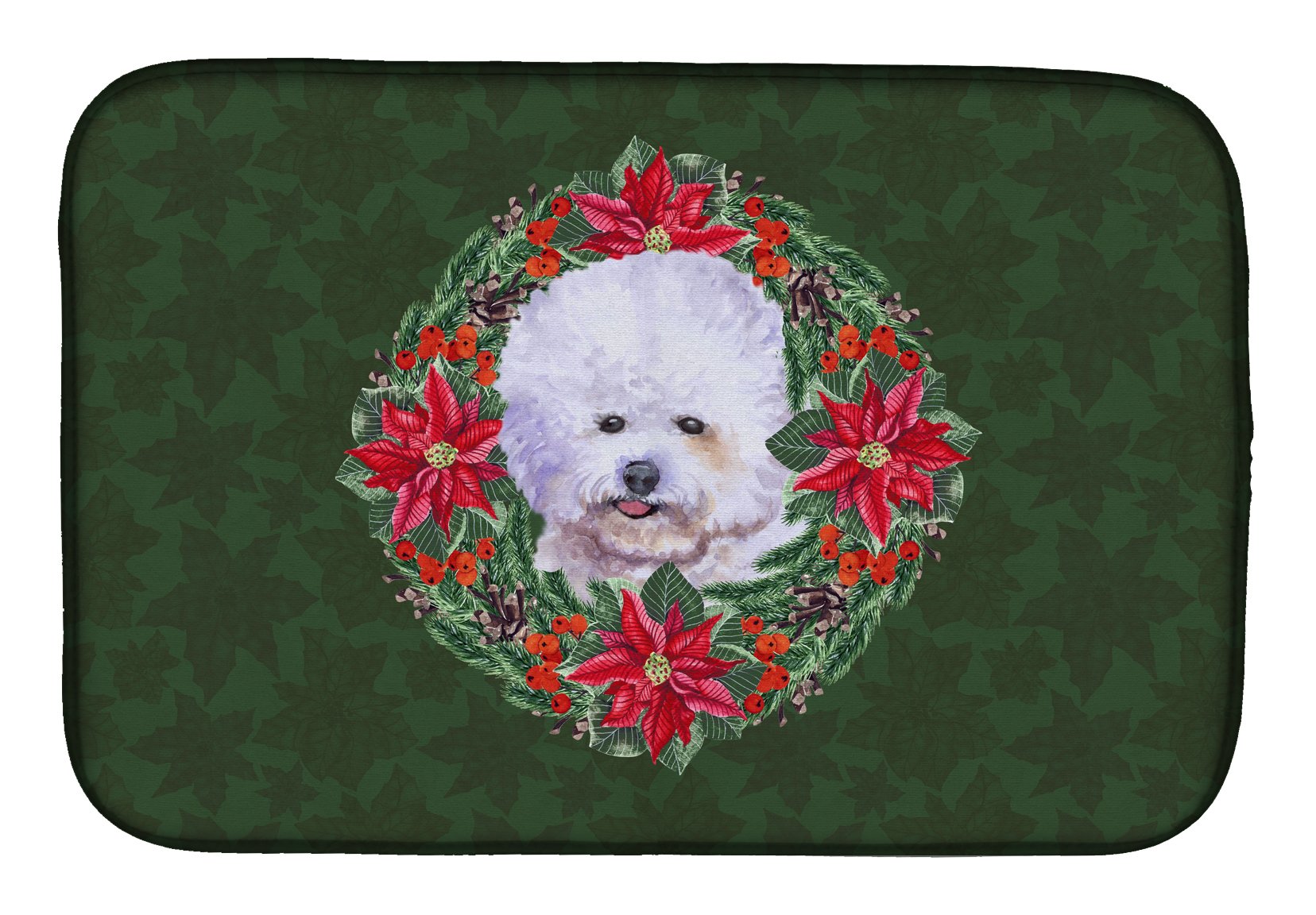 Bichon Frise Poinsettia Wreath Dish Drying Mat - Absorbent Kitchen Counter Mat for Holiday Decor