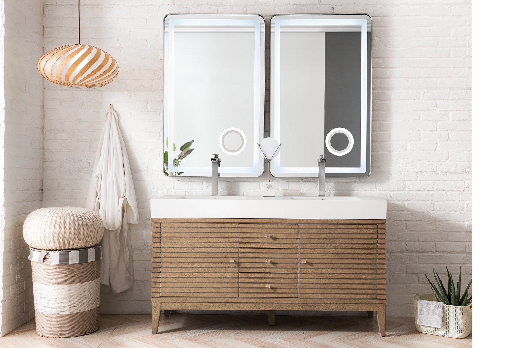 59-Inch Linear Double Vanity with Whitewashed Walnut Base & Glossy White Composite Top - Perfect for Modern Bathroom Renovations and Master Suite Upgrades