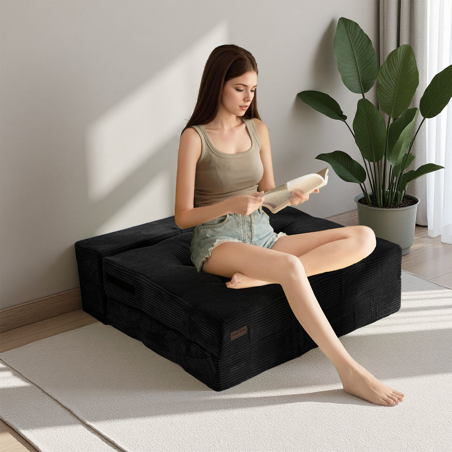 MAXYOYO 4-in-1 Convertible Sofa Bed Chair - Tufted Folding Floor Couch with Pillow, Black | Multi-Functional Furniture for Small Spaces, Guest Room, Dorm & Living Room | Perfect for Lounging, Sleeping & Extra Seating
