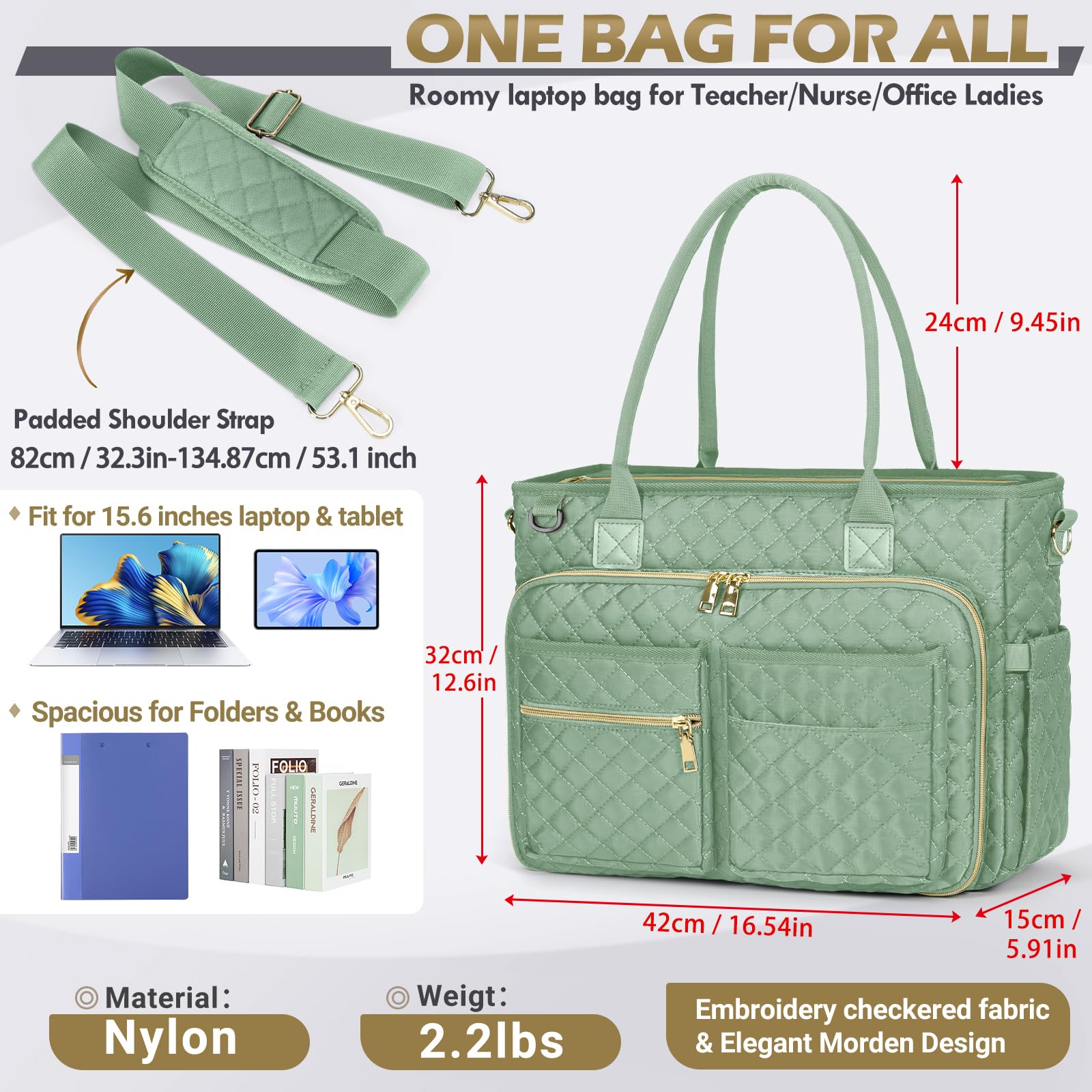 RAINSMORE Professional 15.6 Inch Laptop Tote Bag for Women - Waterproof Work Bag with Insulated Pocket, Teacher Nurse Office Bag, Mint Green Computer Briefcase - Perfect for Work, School, College & Business Travel