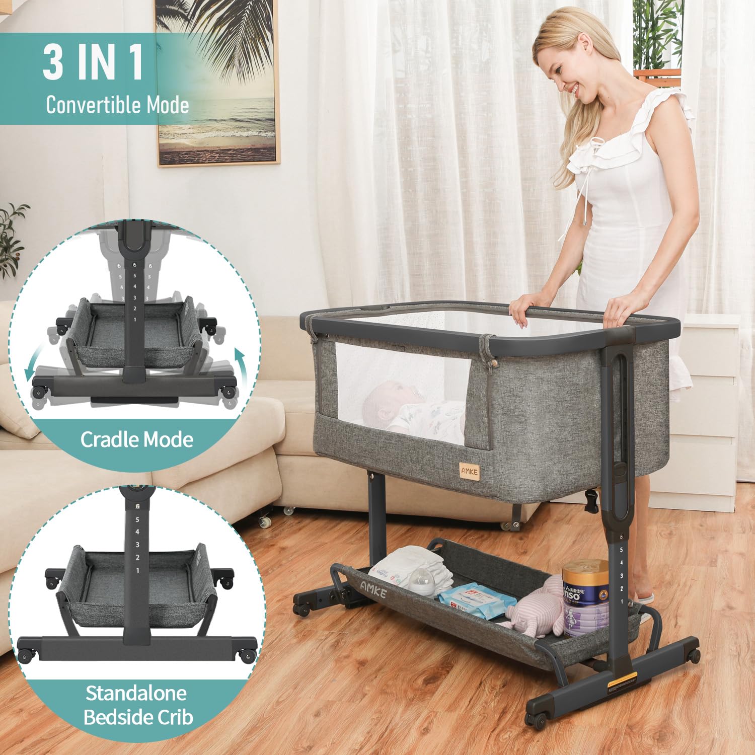 AMKE 3-in-1 Baby Bassinet with Storage Basket - Adjustable Bedside Sleeper Crib for Newborns & Infants, Breathable Mesh Portable Baby Bed - Perfect for Nursery, Bedroom & Travel (Easy Assembly)