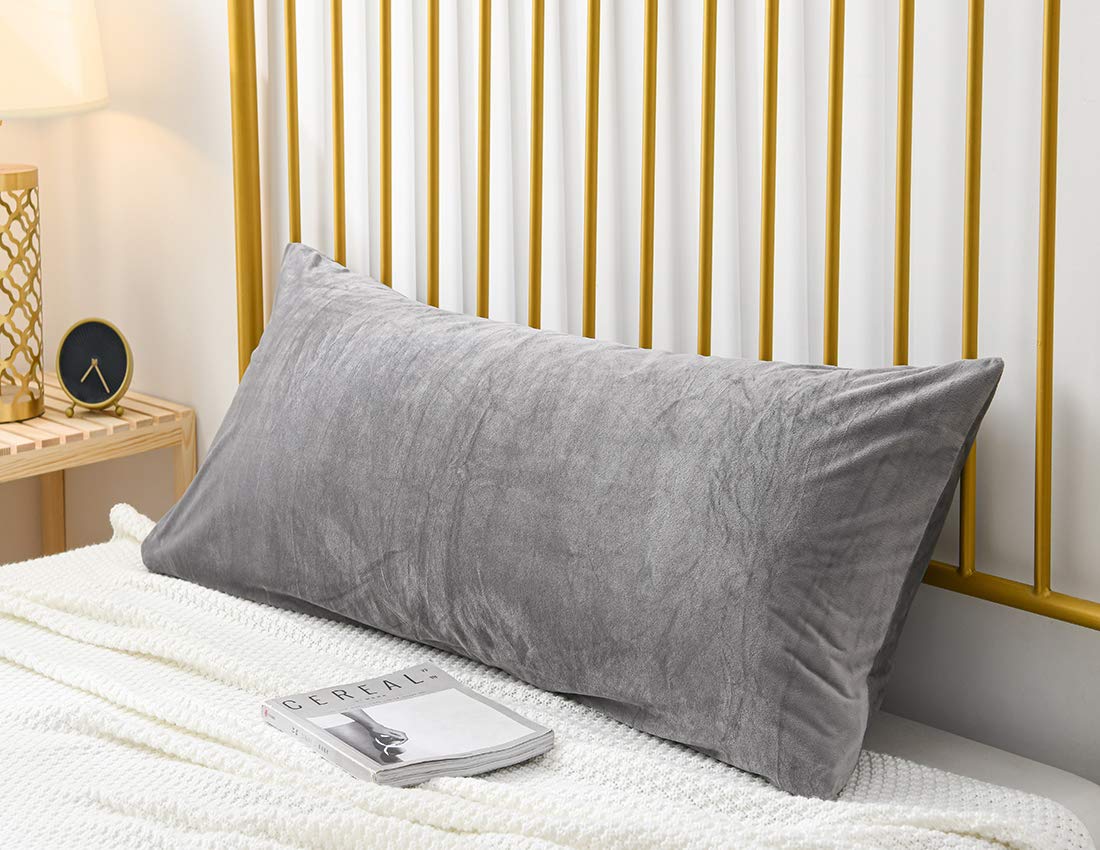 Soft Velvet Body Pillow Cover with Hidden Zipper - 20x54 Inch Cozy Flannel Pillowcase (Grey, 1-Piece) - Perfect for Bedroom, Sofa & Travel Comfort
