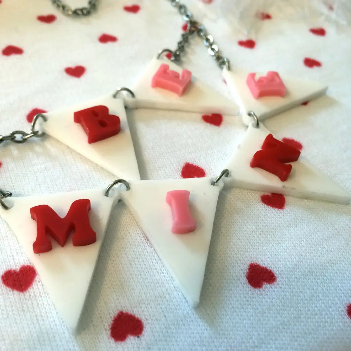 BE MINE Acrylic Laser Cut Bunting Necklace - Cute Heart Pendant Jewelry for Women | Perfect for Valentine's Day, Anniversary & Romantic Gifts