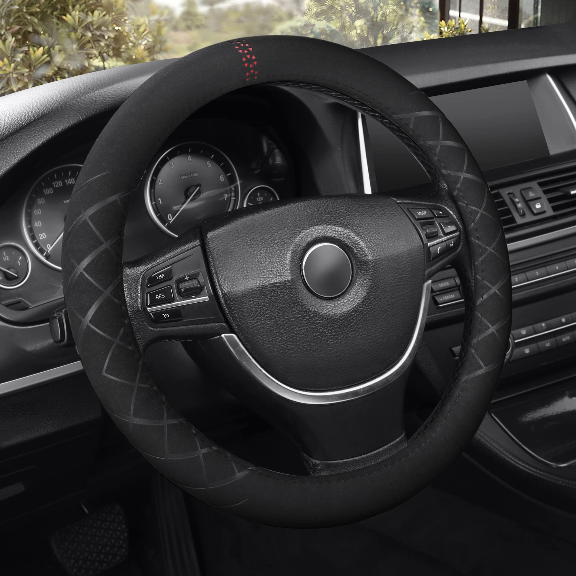 Premium Alcantara Steering Wheel Cover - Universal 14.5-15 Inch Breathable Anti-Slip Protector for Cars, SUVs & Trucks - Luxury Interior Upgrade for Men & Women (Black) - Perfect for Daily Commutes & Road Trips