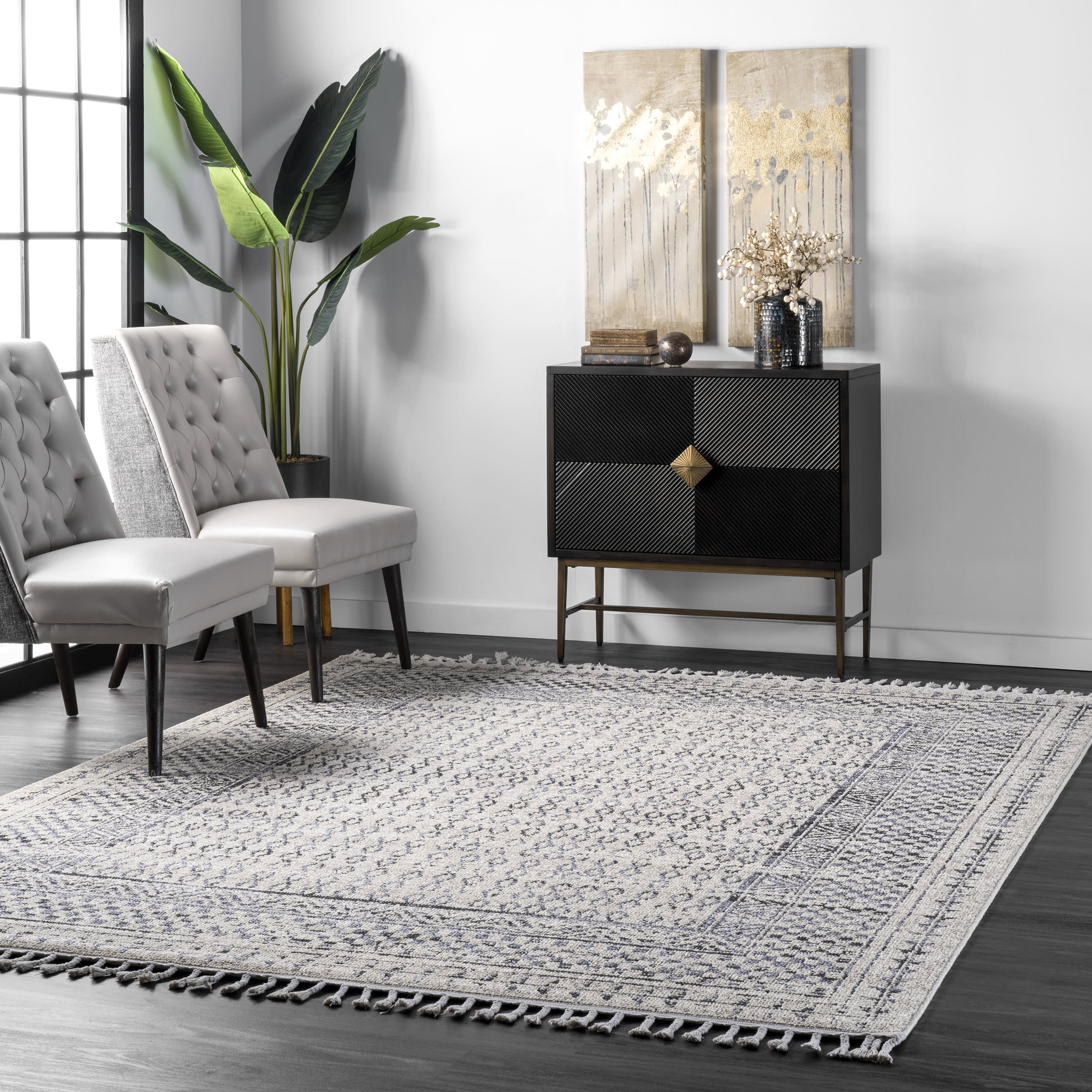 Checkered Diamonds Tassel Rug - Ivory Bohemian Style Area Rug for Living Room, Bedroom & Nursery Decor