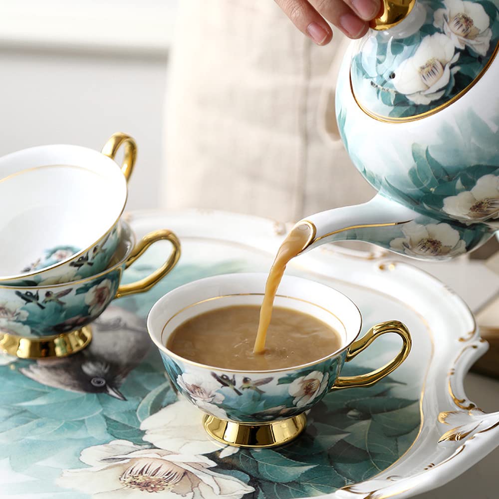 European-Style Ceramic Tea Set Tray with Rhododendron Bird Design - Elegant Afternoon Tea Serving Platter for Living Room, Bedroom & Kitchen | Perfect for Tea Parties, Snack Serving & Home Decor