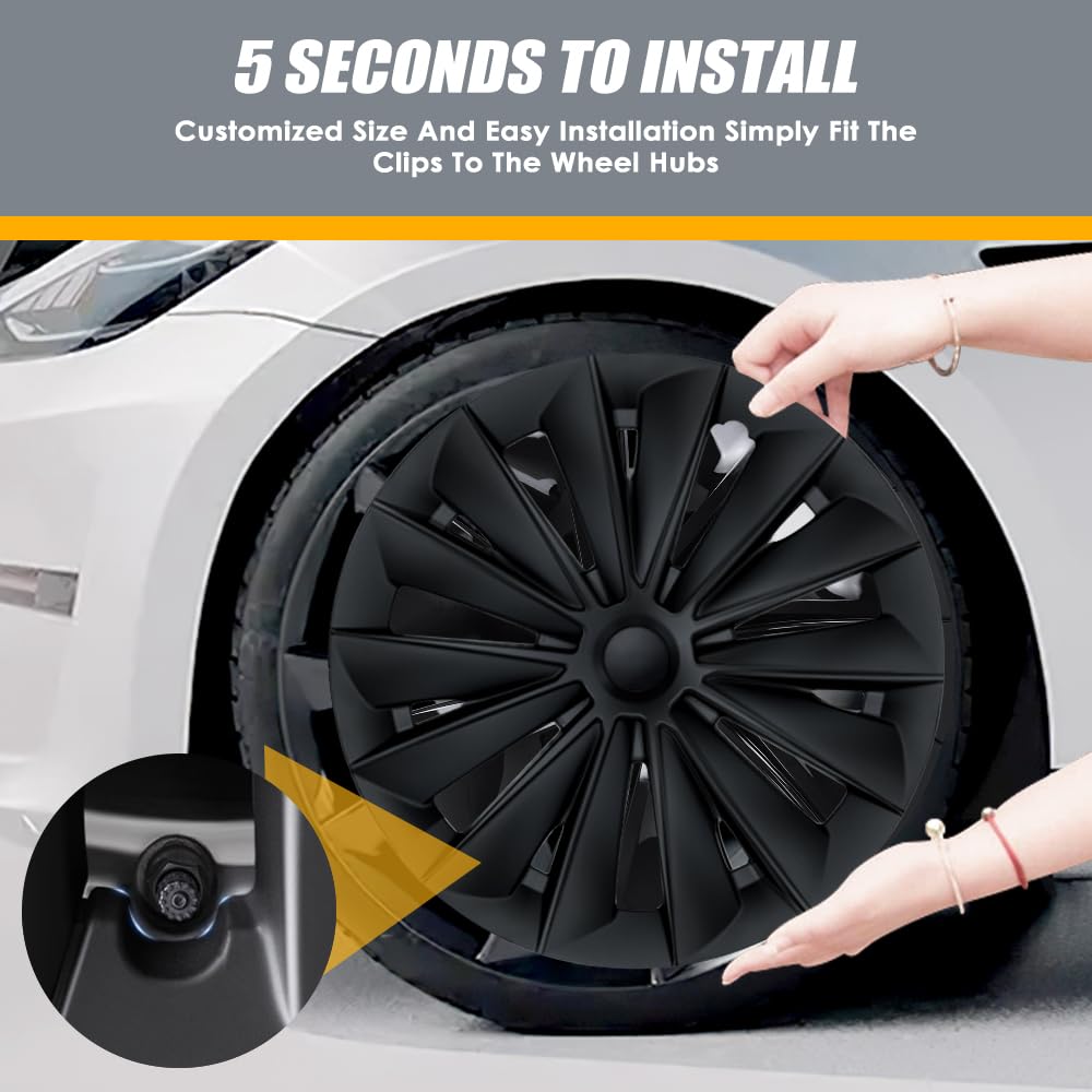 19 Inch Wheel Covers for Tesla Model Y (4-Piece Set) | ABS Hubcaps Compatible with 2019-2024 Model Y | OEM Style Replacement Rim Covers in Matte Black | Perfect for Road Protection & Enhanced Vehicle Appearance