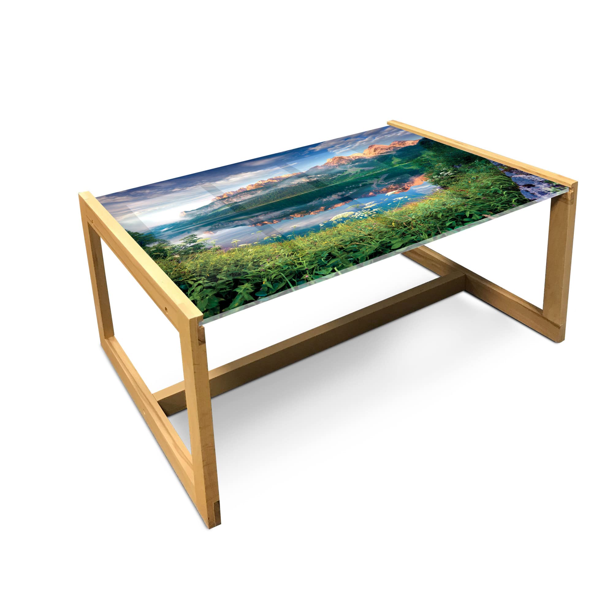 Ambesonne Mountain Coffee Table - Sunny Summer Morning on Lake Austrian Alps with Crystal Mirroring Water, Acrylic Glass Center Table with Wooden Frame for Living Room, Office, Dorm - Large Green Blue Peach Design - Perfect for Home Decor, Modern Spaces & Cozy Gatherings