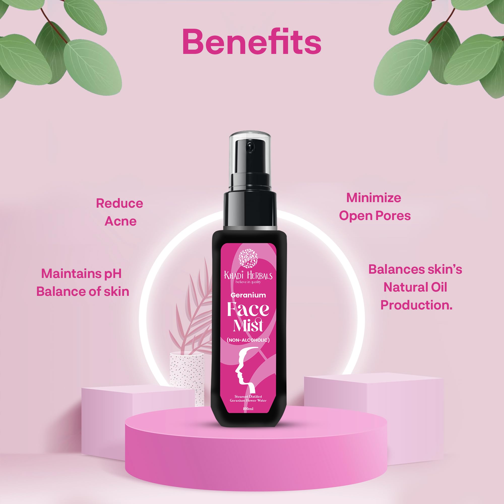 Khadi Herbals Geranium Face Mist - pH Balancing Toner for Oily & Acne-Prone Skin | Reduces Pores, Controls Oil Production | 100% Natural & Chemical Free (100ml) | Refreshing Facial Spray for Daily Skincare Routine & On-the-Go Hydration
