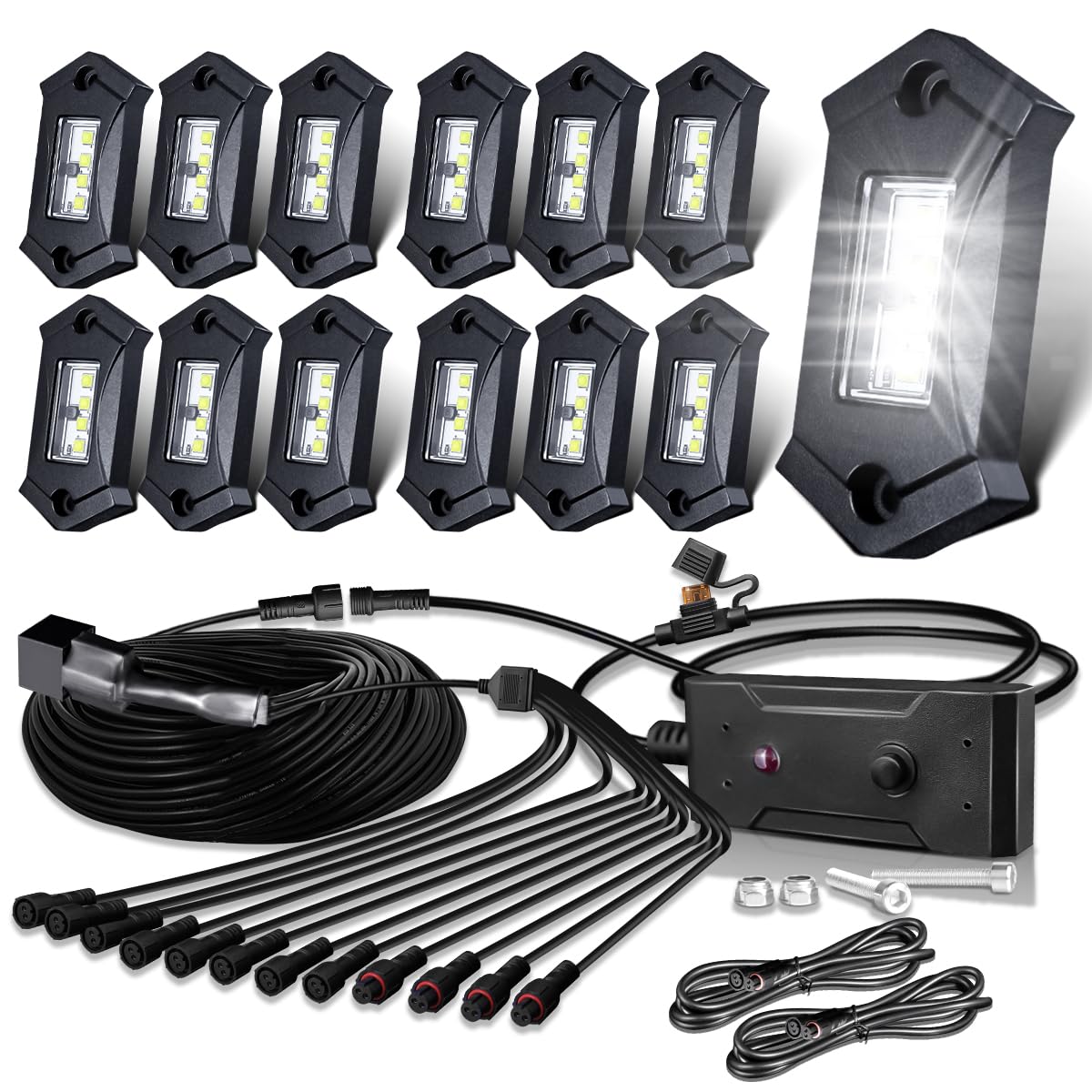 R3 12PCS White LED Rock Lights Kit with Switch & Wire Harness - Waterproof Shockproof Underglow Lights for ATV UTV SUV Off-Road RZR Trucks - High Power Pure White Trail Rig & Underbody Lighting for Night Off-Roading, Car Shows & Custom Vehicle Styling