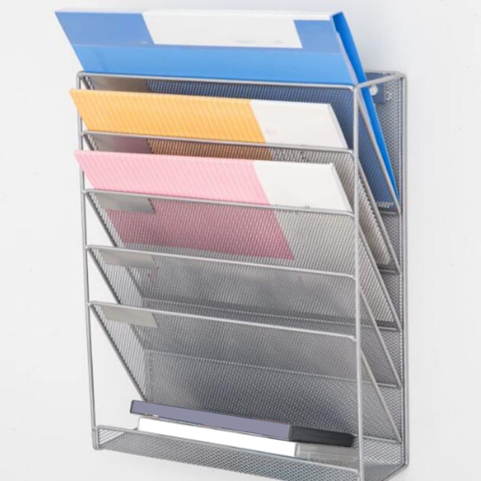 5 Tier Wall File Organizer - Metal Wall Mounted Magazine Rack for Office & Home - Space Saving Document Storage Shelf for Bills, Letters, Books - Silver Grid Holder for Organization & Decluttering