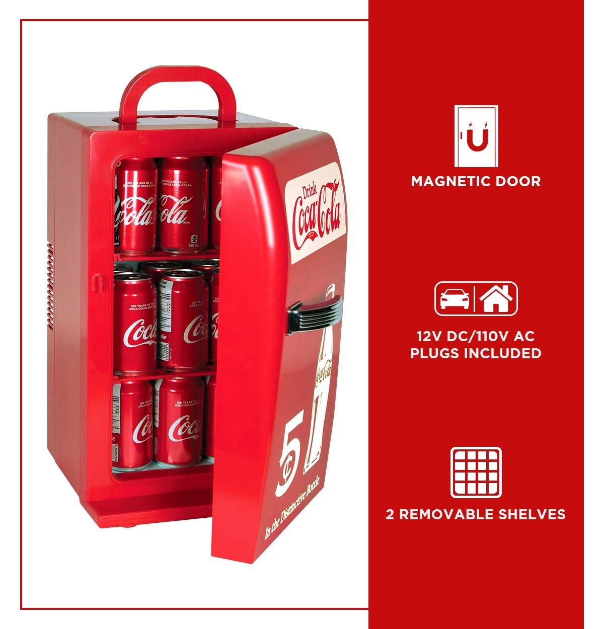 **Coca-Cola Retro 18 Can Mini Fridge - 22L (23 qt) Portable Cooler with 12V DC & 110V AC Cords - Red Travel Fridge for Drinks, Snacks, Lunch - Perfect for Home, Office, Dorm, RV & Road Trips**