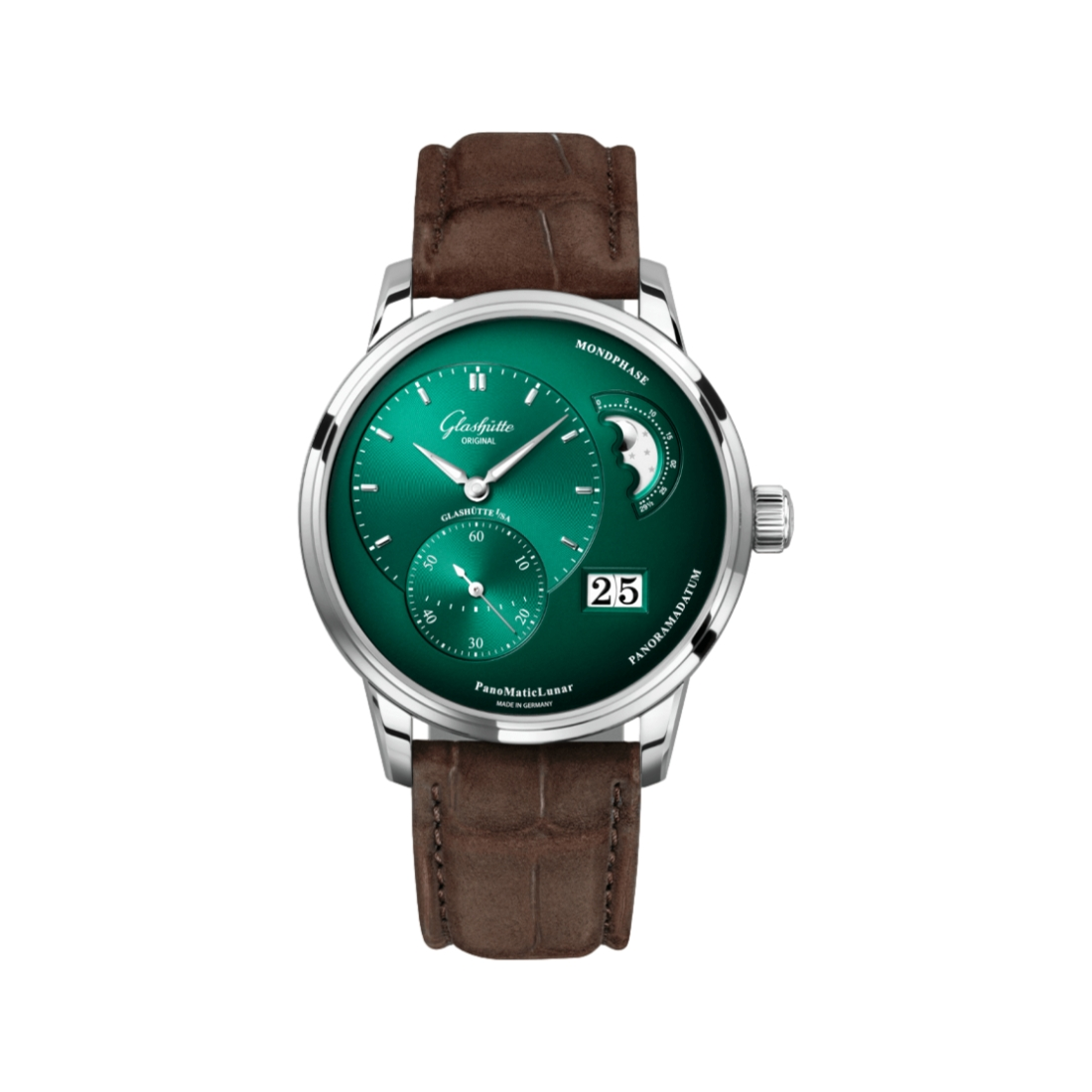 PanoMaticLunar Green 40mm Stainless Steel Watch with Leather Strap - Perfect for Business Meetings & Formal Occasions