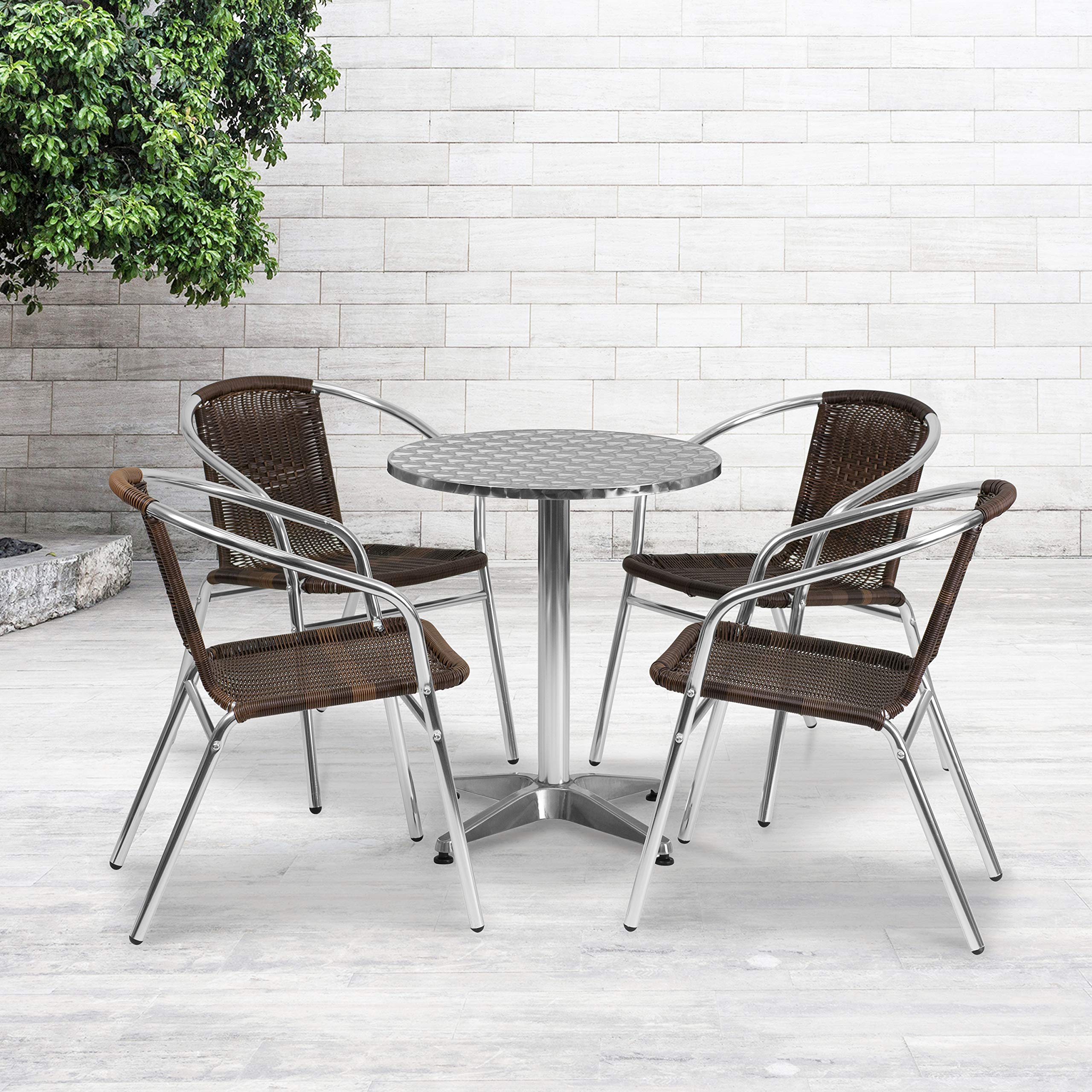 EMMA + OLIVER 23.5 Inch Round Aluminum Outdoor Dining Table Set with 4 Dark Brown Rattan Chairs - Patio, Garden, Backyard Furniture for Dining & Entertaining
