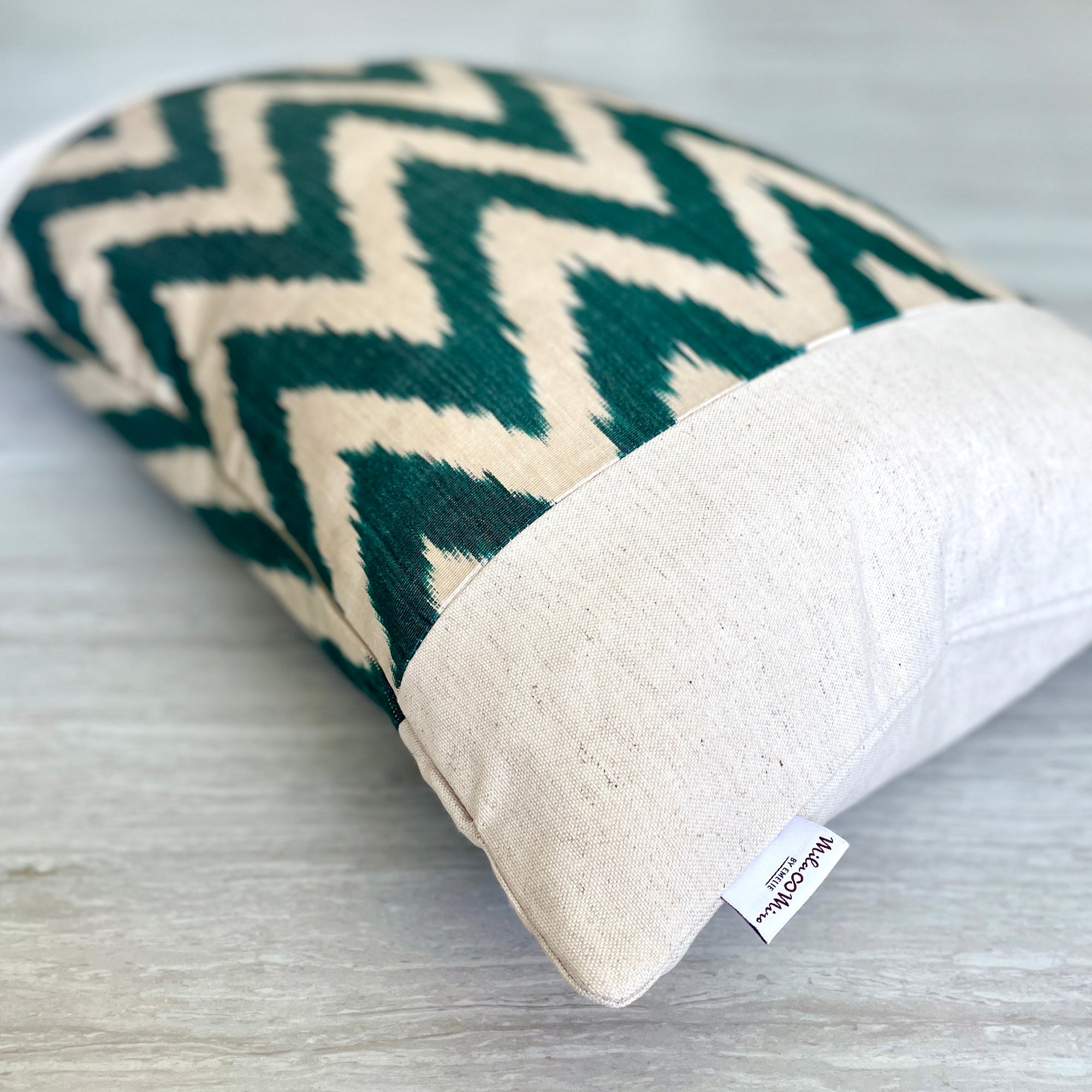 Handmade Silk Ikat & Linen Cushion Cover - Bohemian Zigzag Green Pattern - Perfect for Sofa, Bed, Chair Decor - Home & Living Room Accessories