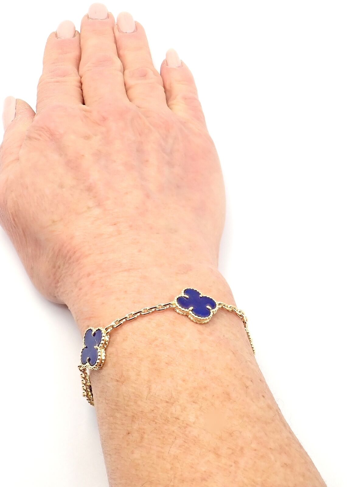 Authentic Van Cleef & Arpels 18k Gold 5 Motif Alhambra Lapis Lazuli Bracelet - Luxury Jewelry Gift for Women, Perfect for Weddings & Special Occasions
