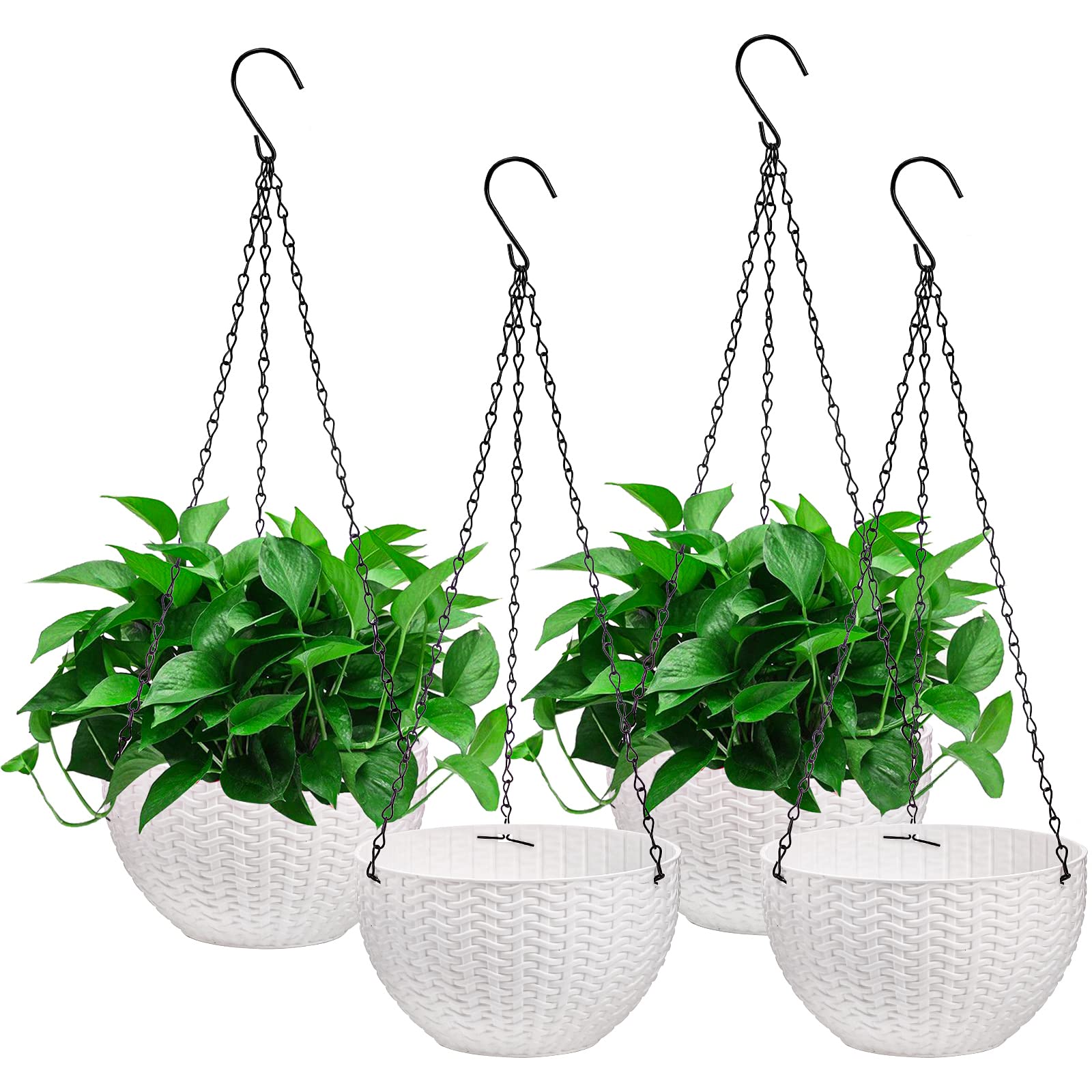 Foraineam 4 Pack 8.2 Inch Self-Watering Hanging Planters - White Flower Pots with Drainage Holes & Chains for Indoor Outdoor Garden, Patio, Balcony Decor - Perfect for Herbs, Succulents, Petunias & Home Gardening