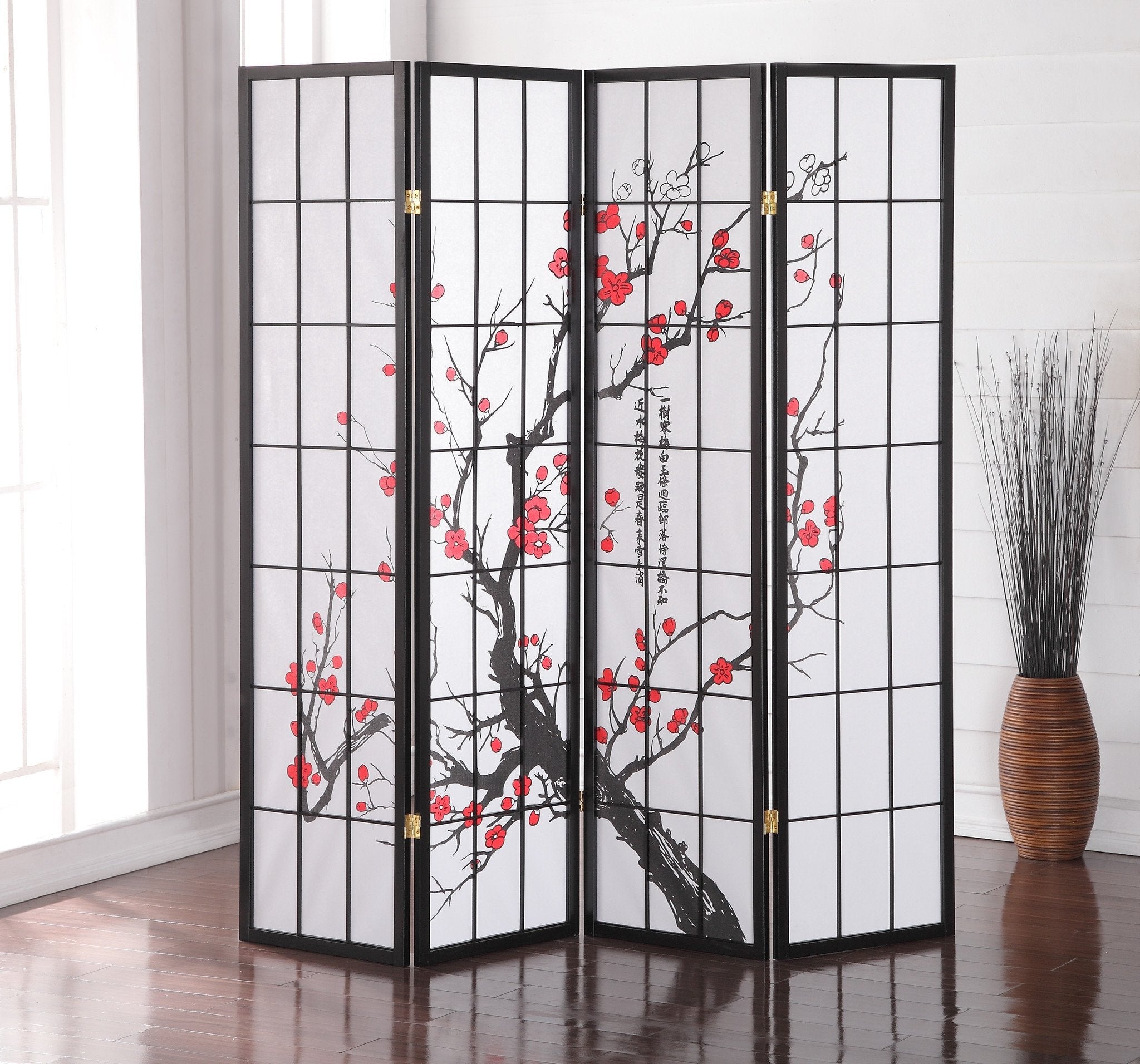 Roundhill Furniture Black Japanese 4 Panel Folding Room Divider with Plum Blossom Design - Privacy Screen for Home, Office, and Meditation Spaces