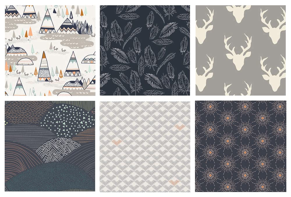 Native American Gray and Navy Fabric Bundle | Indian Summer & Hello Bear Designs | Boys Quilt Fat Quarters | Woodland Nursery Fabric Collection | Art Gallery Fabrics by the Yard | Perfect for Baby Blankets, Quilting Projects & Nursery Decor