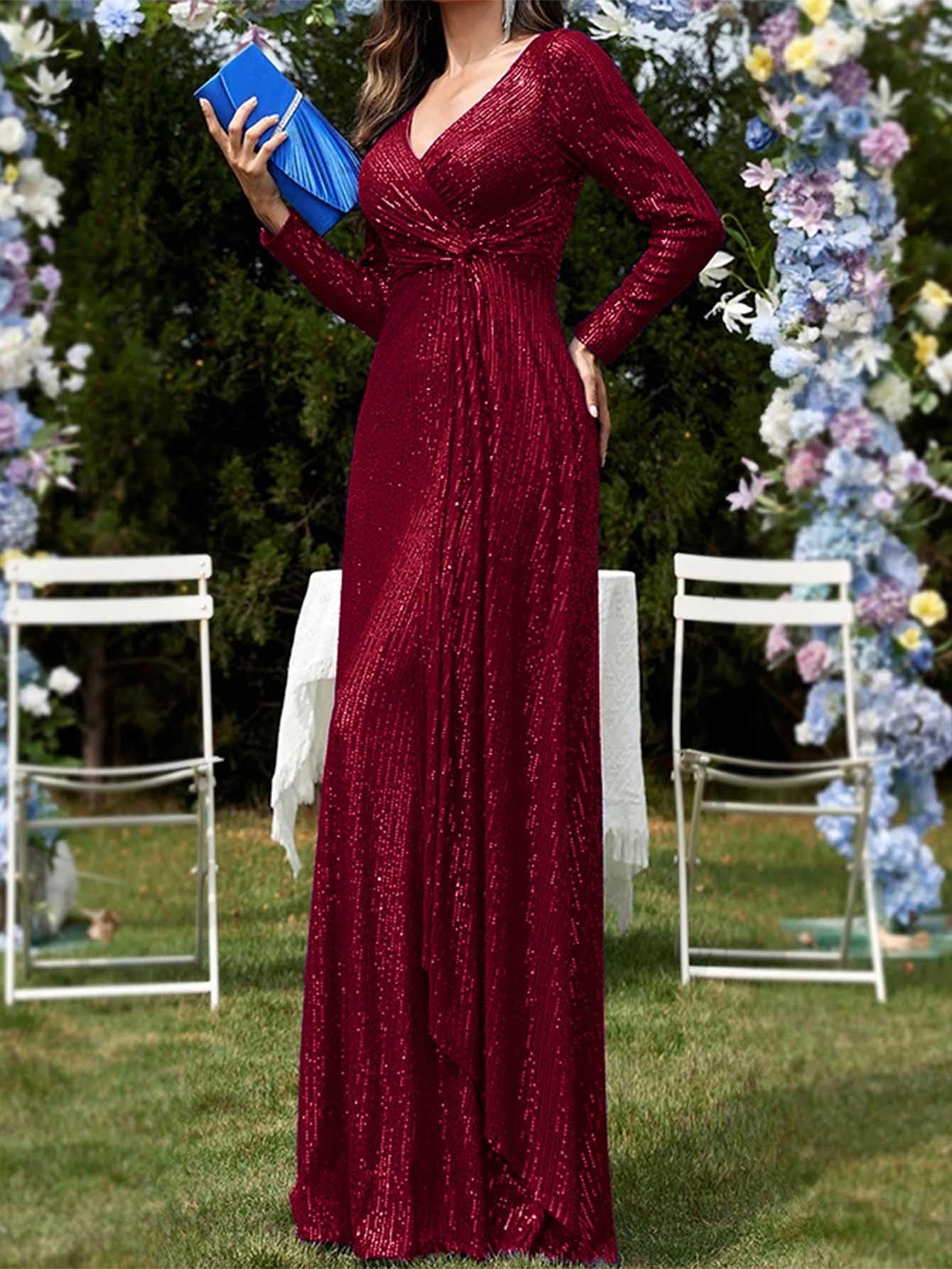 Meilun Women's Long Sleeve Sequin Formal Gown - Sparkly V-Neck Maxi Dress for Evening Parties, Prom, Wedding & Special Occasions