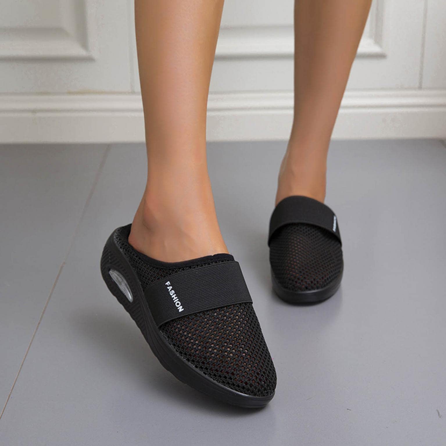 **Women's Orthopedic Air Cushion Slip-On Loafers - Diabetic Walking Shoes with Elastic Support & Pain Relief - Comfortable Sneakers for Women - Black (Size 5) - Perfect for Daily Walking, Travel & Work**
