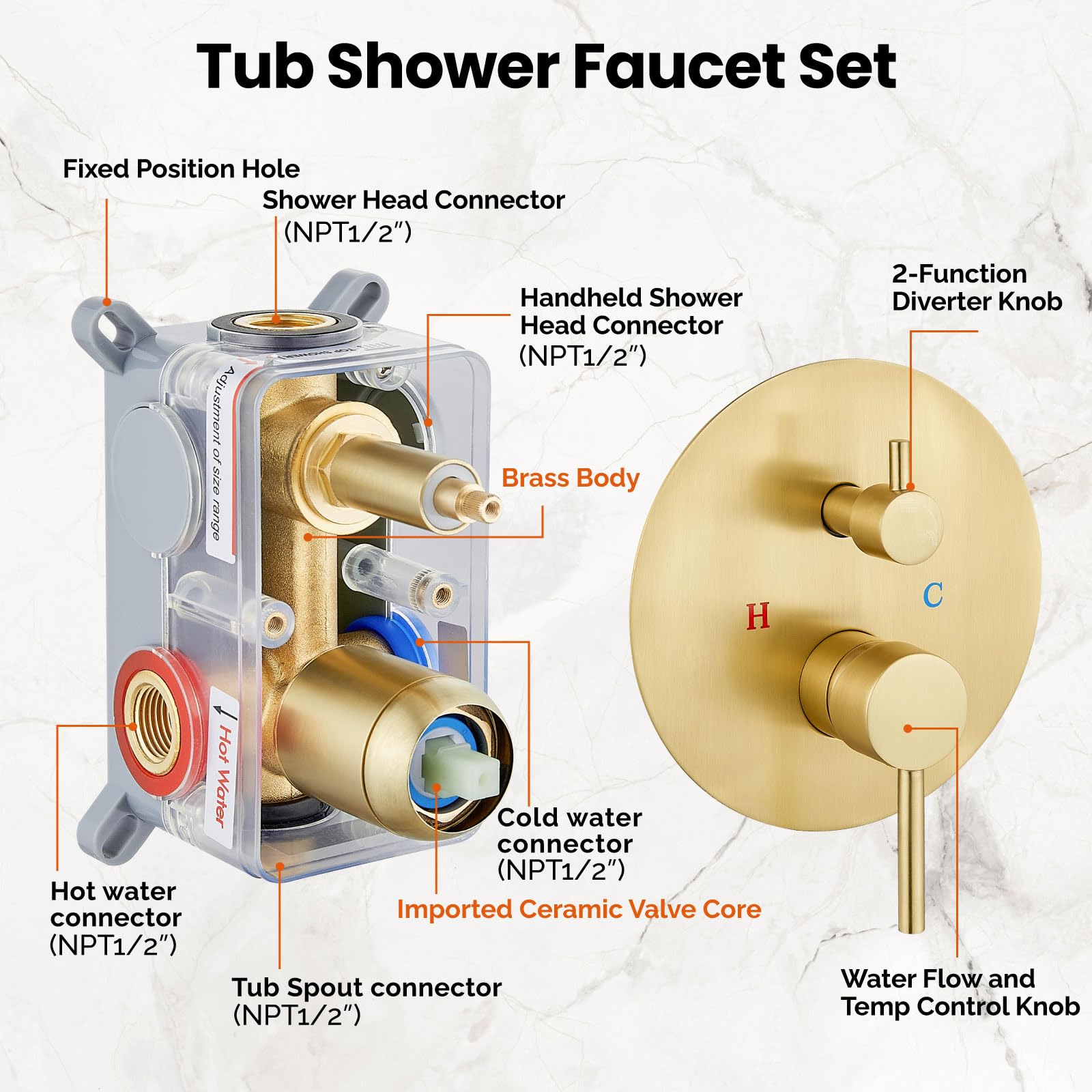 Airuida 2-Function Wall Mounted Shower Faucet Set - High Pressure Brass Handheld Shower with Rough-in Valve & 12 Inch Round Rainfall Shower Head in Brushed Gold | Perfect for Modern Bathroom Renovations & Spa-Like Shower Experience