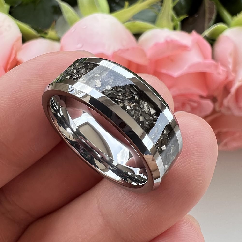 6mm & 8mm Tungsten Wedding Bands for Men & Women - Silver & Black Meteorite Inlay Rings, Comfort Fit, Beveled Edge, Polished Finish - Perfect for Engagement, Promise & Anniversary Gifts