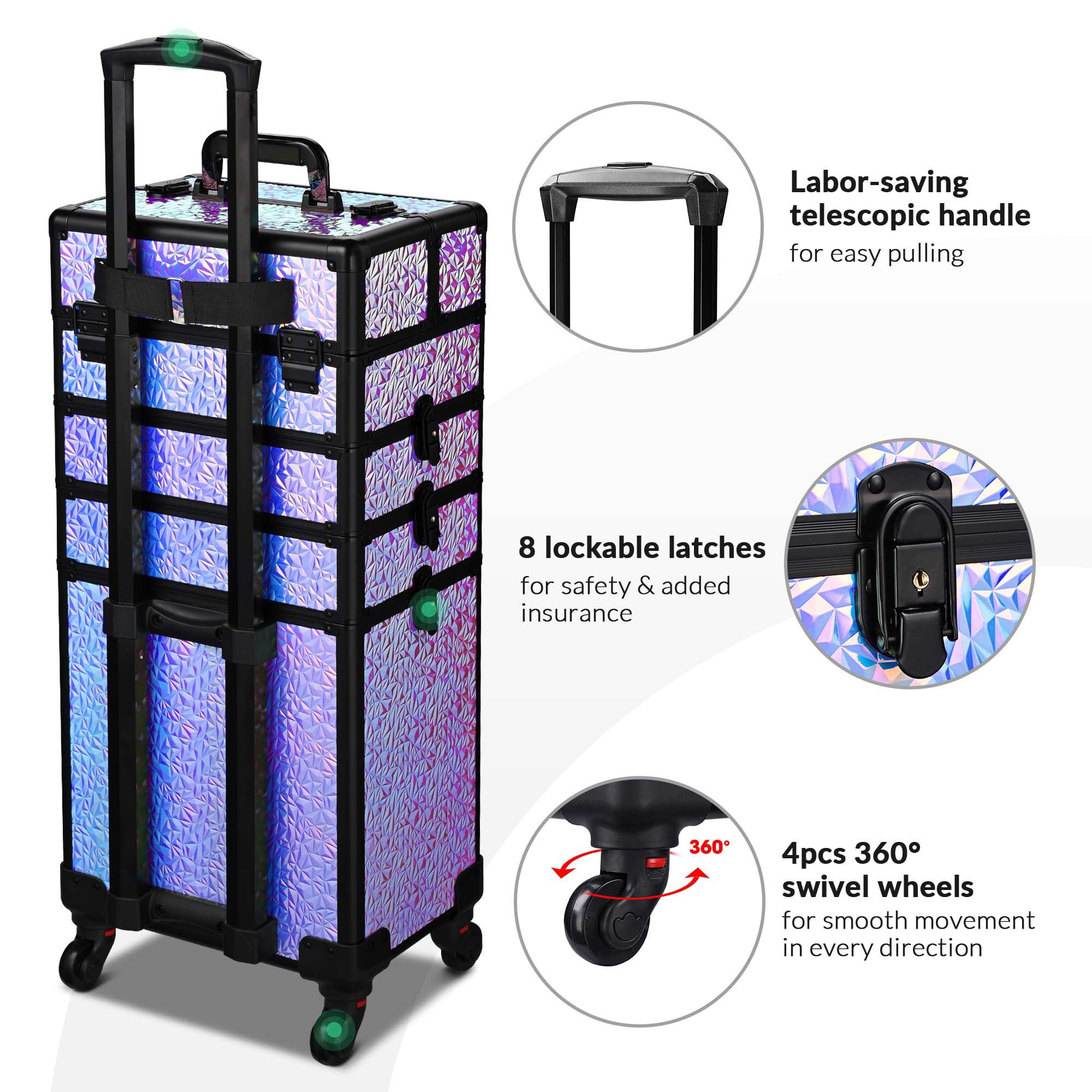 BYOOTIQUE 4-in-1 Rolling Makeup Train Case - Lockable Cosmetic Trolley Organizer with Wheels for Travel, Salon & Barber - Mermaid Purple | Perfect for Makeup Artists, Nail Technicians & Beauty Professionals On-The-Go