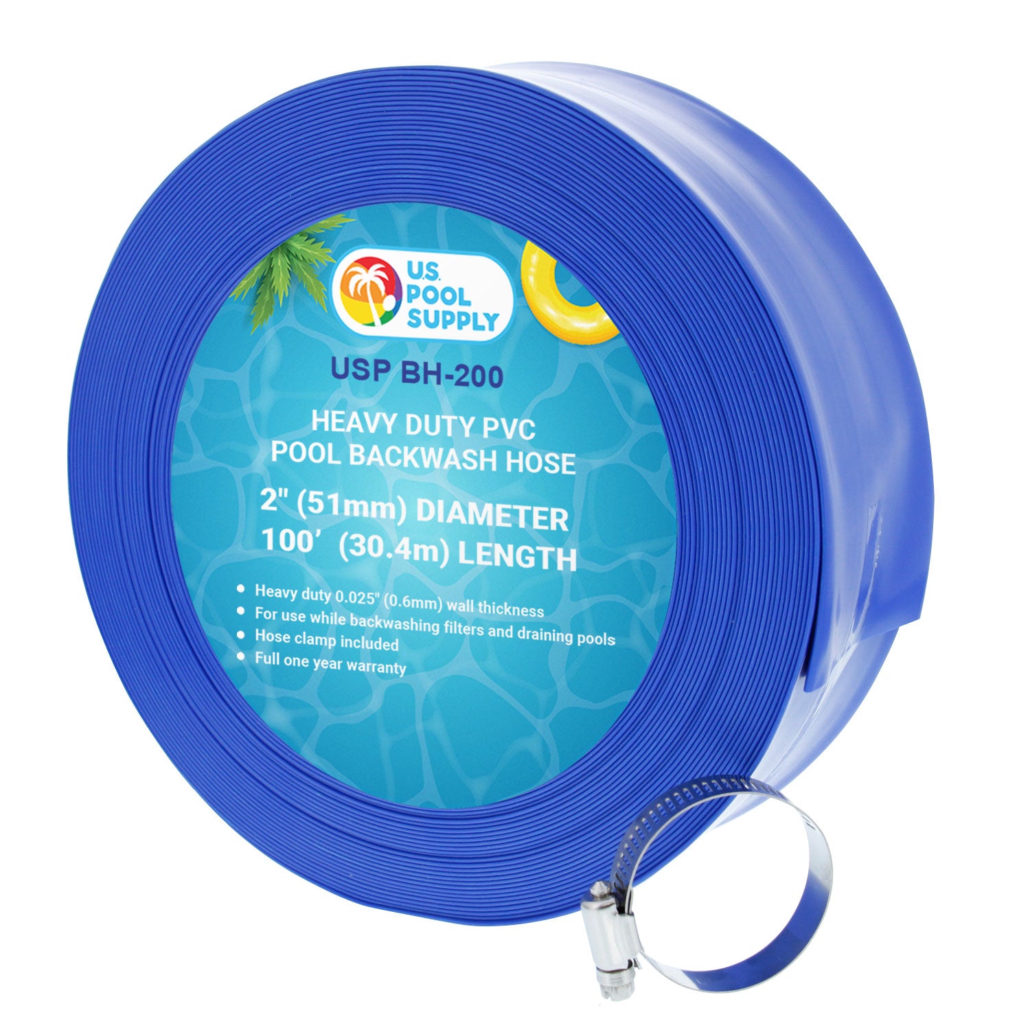 U.S. Pool Supply® 2-Pack 100-Foot Heavy Duty Blue Swimming Pool Backwash Hose with Hose Clamp - Durable Pool Maintenance Hose for Easy Water Drainage and Cleaning